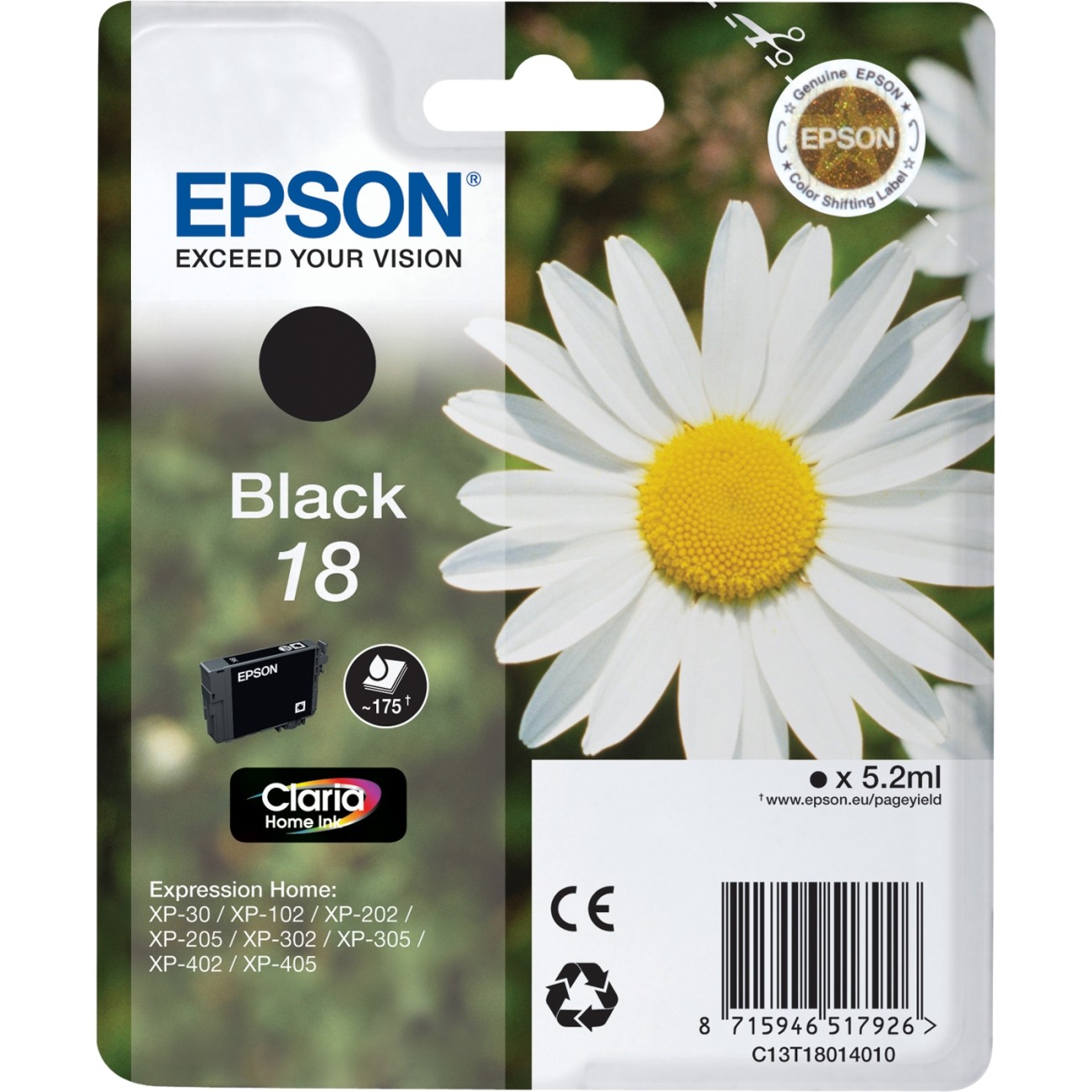 ORIGINALE Epson Cartuccia d'inchiostro nero C13T18014012 18 175 pagine 52ml standard ORIGINALE Epson Cartuccia d'inchiostro nero C13T18014012 18 175 pagine 52ml standard