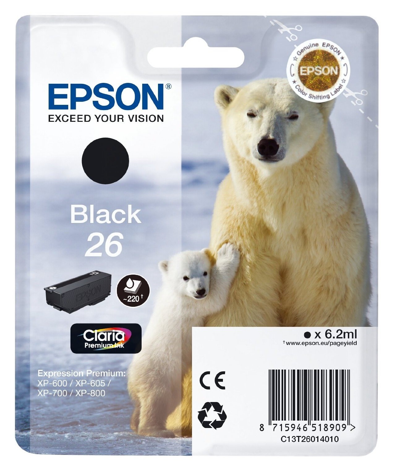 ORIGINALE Epson Cartuccia d'inchiostro nero C13T26014012 26 220 pagine 62ml standard ORIGINALE Epson Cartuccia d'inchiostro nero C13T26014012 26 220 pagine 62ml standard