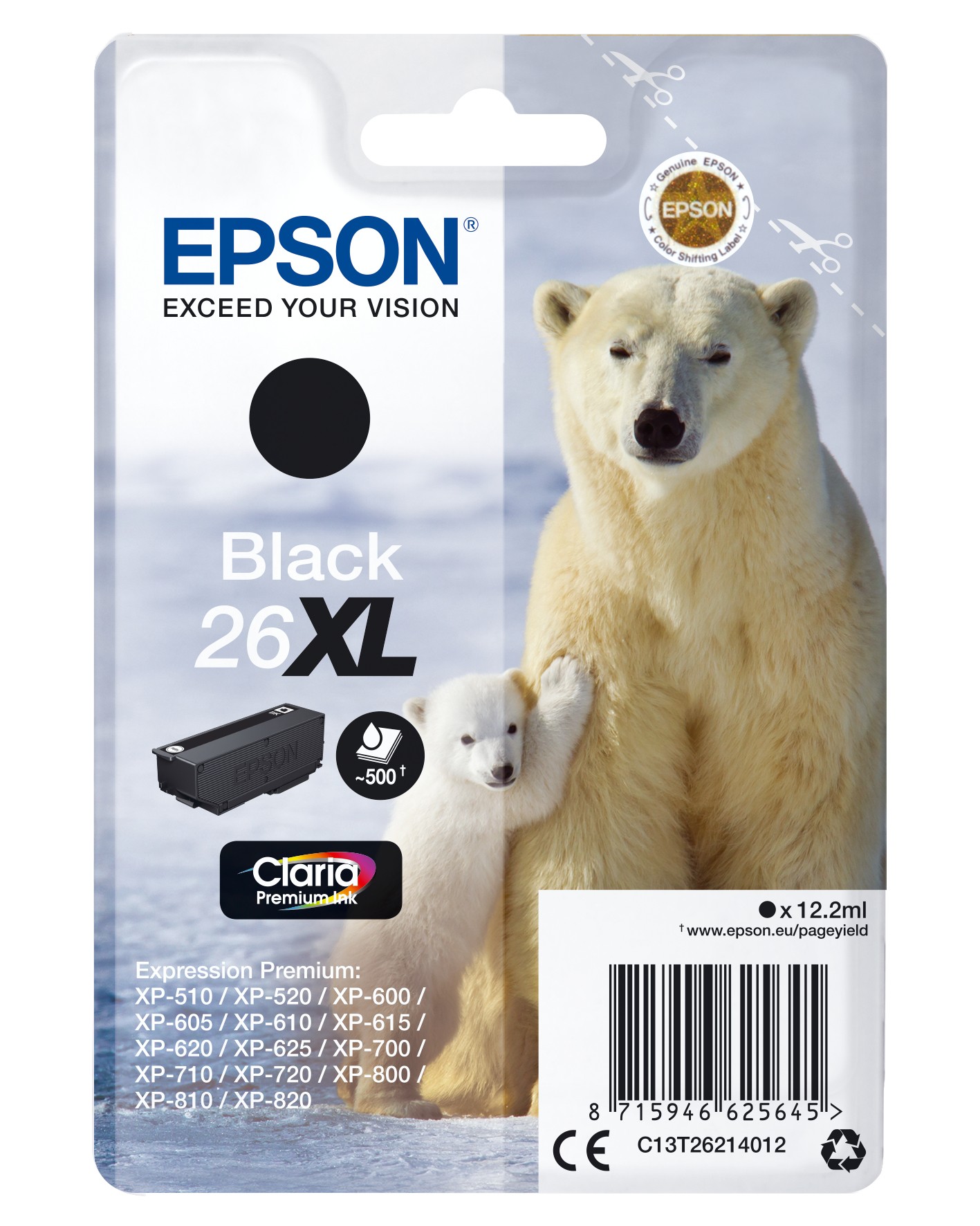 ORIGINALE Epson Cartuccia d'inchiostro nero C13T26214012 26 XL 500 pagine 121ml Cartuccie d?inchiostro XL ORIGINALE Epson Cartuccia d'inchiostro nero C13T26214012 26 XL 500 pagine 121ml Cartuccie d?inchiostro XL