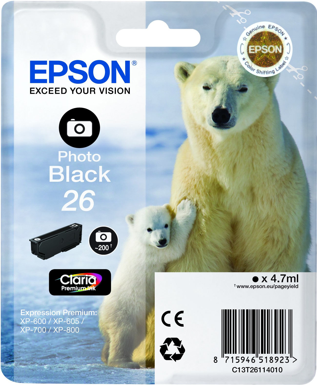 ORIGINALE Epson Cartuccia d'inchiostro Nero (Foto) C13T26114012 26 200 pagine 47ml standard ORIGINALE Epson Cartuccia d'inchiostro Nero (Foto) C13T26114012 26 200 pagine 47ml standard