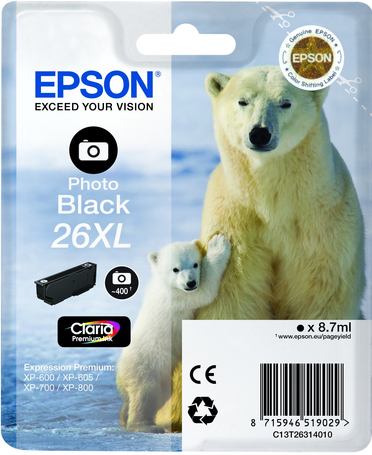 ORIGINALE Epson Cartuccia d'inchiostro Nero (Foto) C13T26314010 26 XL 400 pagine 87ml Cartucce XL foto black ORIGINALE Epson Cartuccia d'inchiostro Nero (Foto) C13T26314010 26 XL 400 pagine 87ml Cartucce XL foto black
