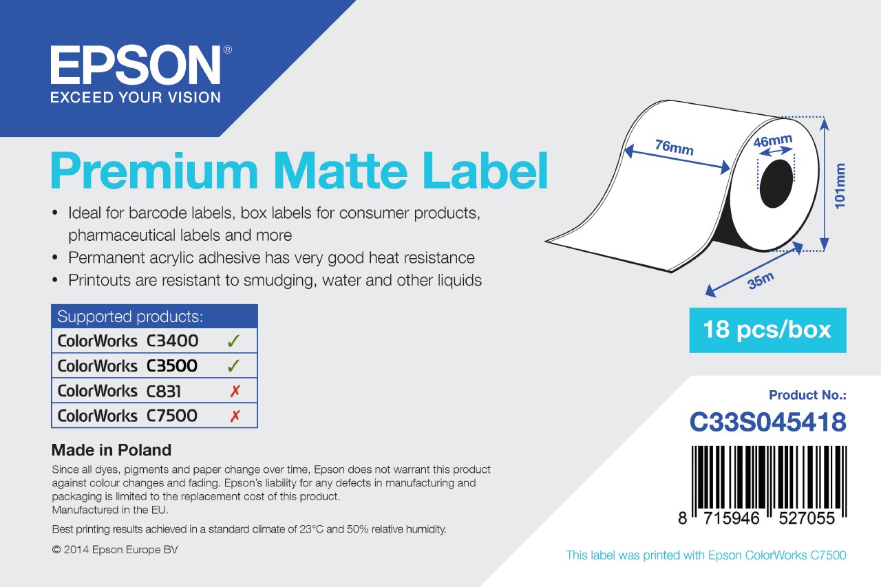 ORIGINALE Epson Etichette C33S045418 S045418 carta normale opaco politenato 76mm x 35m VE=1