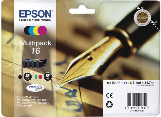 ORIGINALE Epson Multipack nero / ciano / magenta / giallo C13T16264012 16 4 cartucce d'inchiostro: T1621 + T1622 + T1623 + T1624 ORIGINALE Epson Multipack nero / ciano / magenta / giallo C13T16264012 16 4 cartucce d'inchiostro: T1621 + T1622 + T1623 + T1624