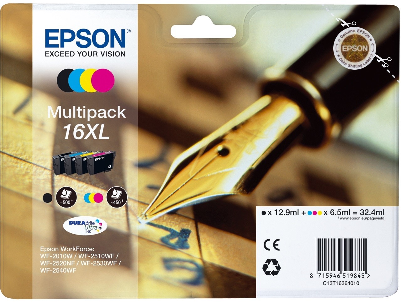 ORIGINALE Epson Multipack nero / ciano / magenta / giallo C13T16364012 16 XL 4 cartucce d'inchistro XL: T1631 + T1632 + T1633 + T1634