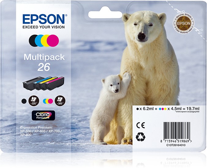 ORIGINALE Epson Multipack nero / ciano / magenta / giallo C13T26164010 26 4 cartucce d'inchiostro: T2601 + T2612 + T2613 + T2614