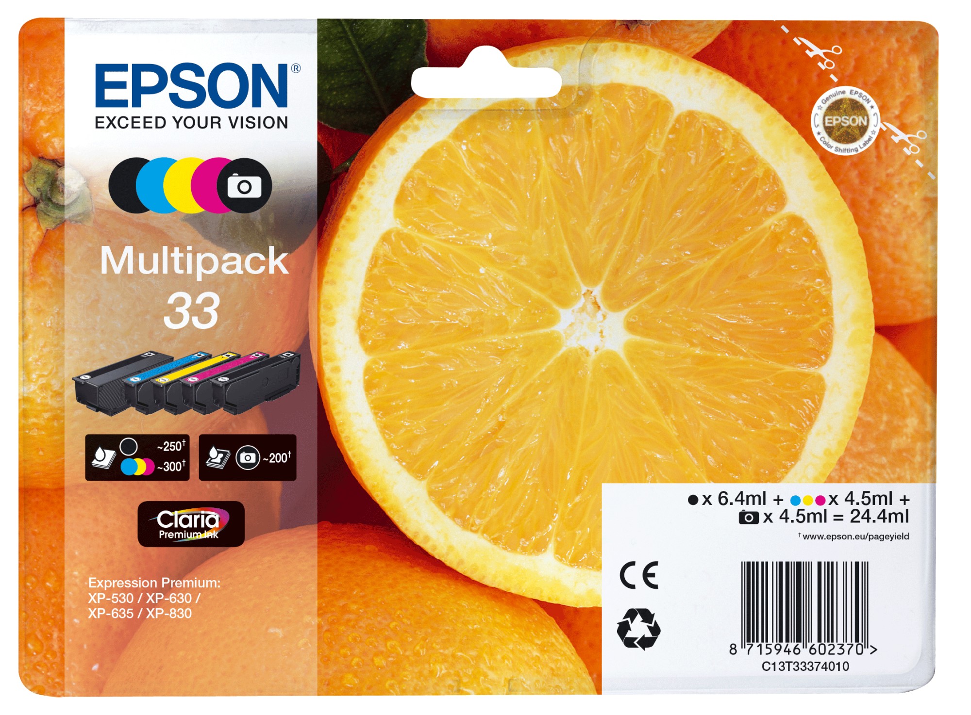 ORIGINALE Epson Multipack nero / ciano / magenta / giallo C13T33374010 33 5 cartucce d'inchiostro: T3331 + T3341 + T3342 + T3343 + T3344 ORIGINALE Epson Multipack nero / ciano / magenta / giallo C13T33374010 33 5 cartucce d'inchiostro: T3331 + T3341 + T3342 + T3343 + T3344