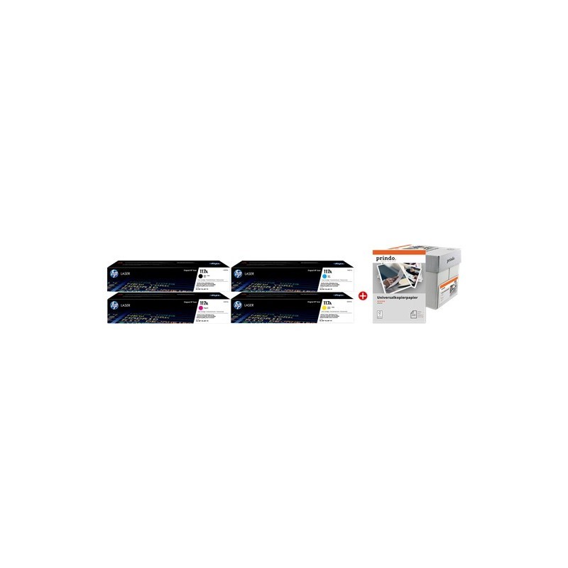 ORIGINALE HP Value Pack nero / ciano / magenta / giallo / Bianco 117A MCVP 02 + Prindo Universal Papier 2500 Blatt 3100 pagine