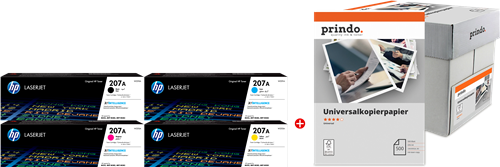 ORIGINALE HP Value Pack nero / ciano / magenta / giallo / Bianco 207A MCVP 01 + Prindo Universal Papier 2500 Blatt 5100 pagine