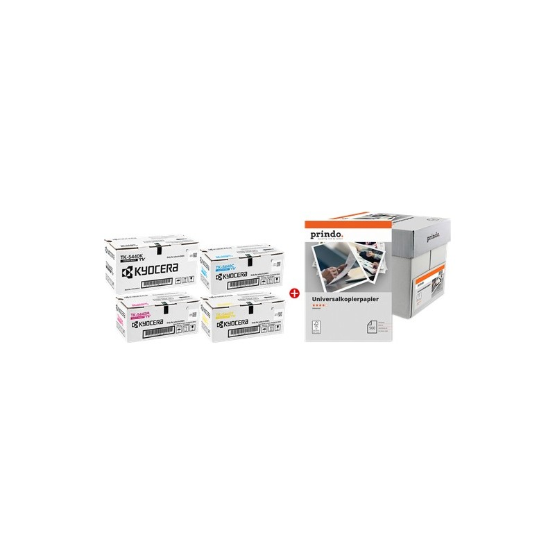 ORIGINALE Kyocera Value Pack nero / ciano / magenta / giallo / Bianco TK-5440 MCVP + Prindo Universal Papier 2500 Blatt 10000 pagine