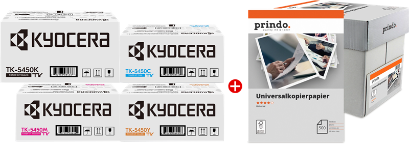 ORIGINALE Kyocera Value Pack nero / ciano / magenta / giallo / Bianco TK-5450 MCVP + Prindo Universal Papier 2500 Blatt 13700 pagine