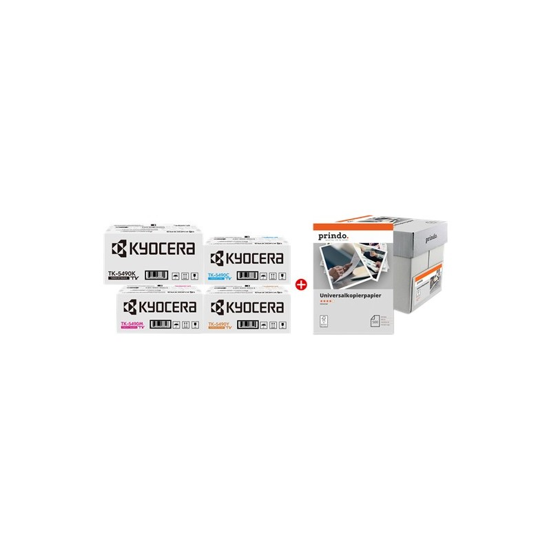 ORIGINALE Kyocera Value Pack nero / ciano / magenta / giallo / Bianco TK-5490 MCVP + Prindo Universal Papier 2500 Blatt 10000 pagine