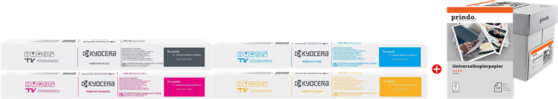 ORIGINALE Kyocera Value Pack nero / ciano / magenta / giallo / Bianco TK-8455 MCVP + Prindo Universal Papier 2500 Blatt 61000 pagine