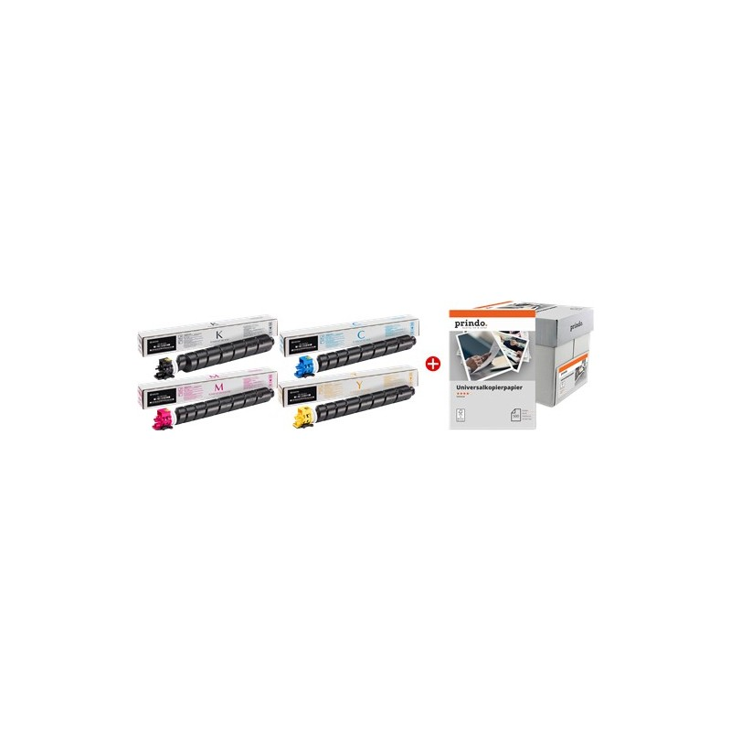 ORIGINALE Kyocera Value Pack nero / ciano / magenta / giallo / Bianco TK-8525 MCVP 01 + Prindo Universal Papier 2500 Blatt 90000 pagine