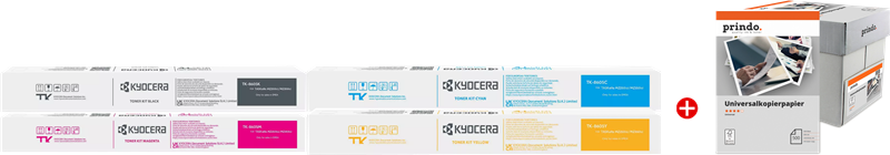 ORIGINALE Kyocera Value Pack nero / ciano / magenta / giallo / Bianco TK-8605 MCVP + Prindo Universal Papier 2500 Blatt 90000 pagine