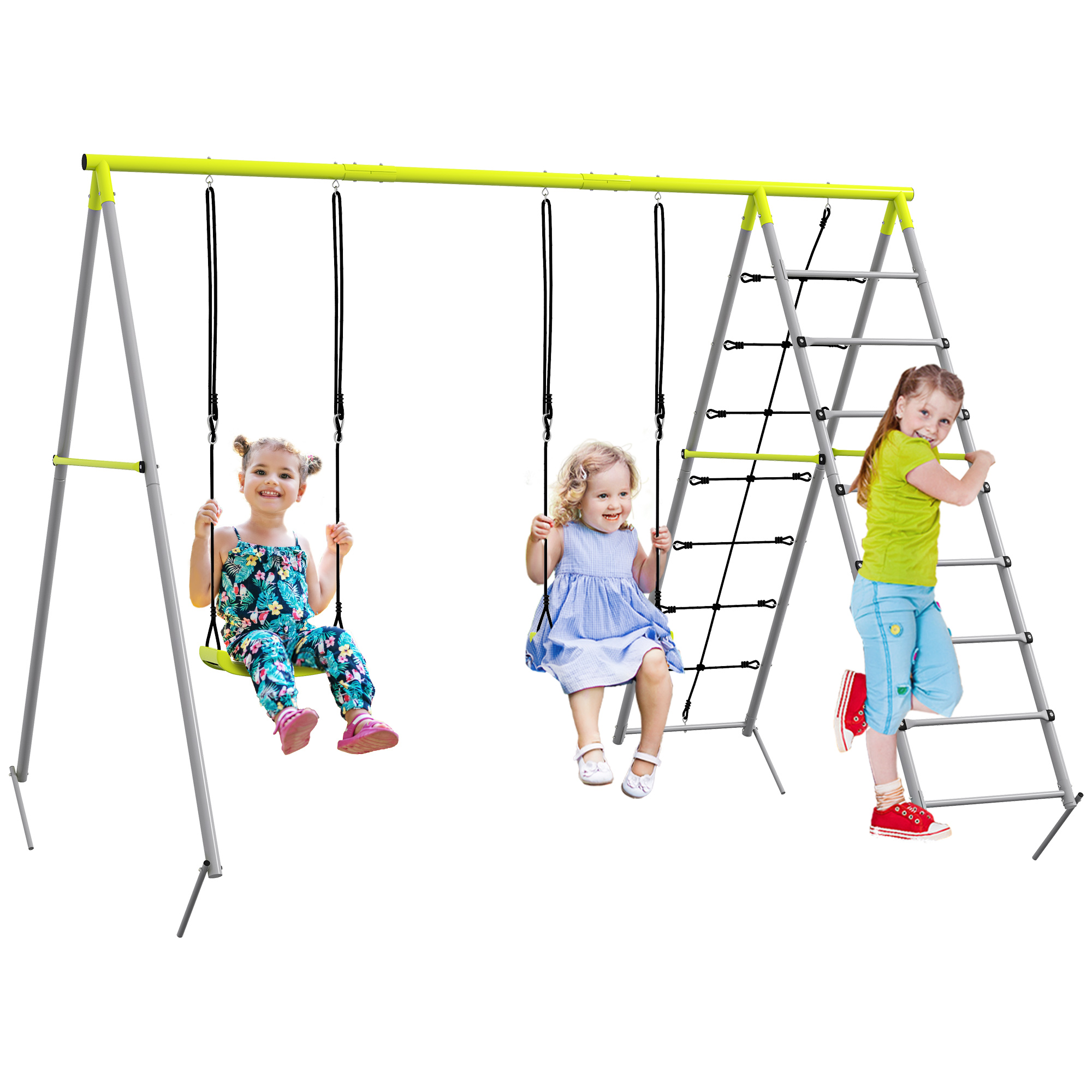 Outsunny 4 in 1 altalena da giardino per bambini con 2 seggiolino altalena scala per scalare e rete per l'arrampicata verde