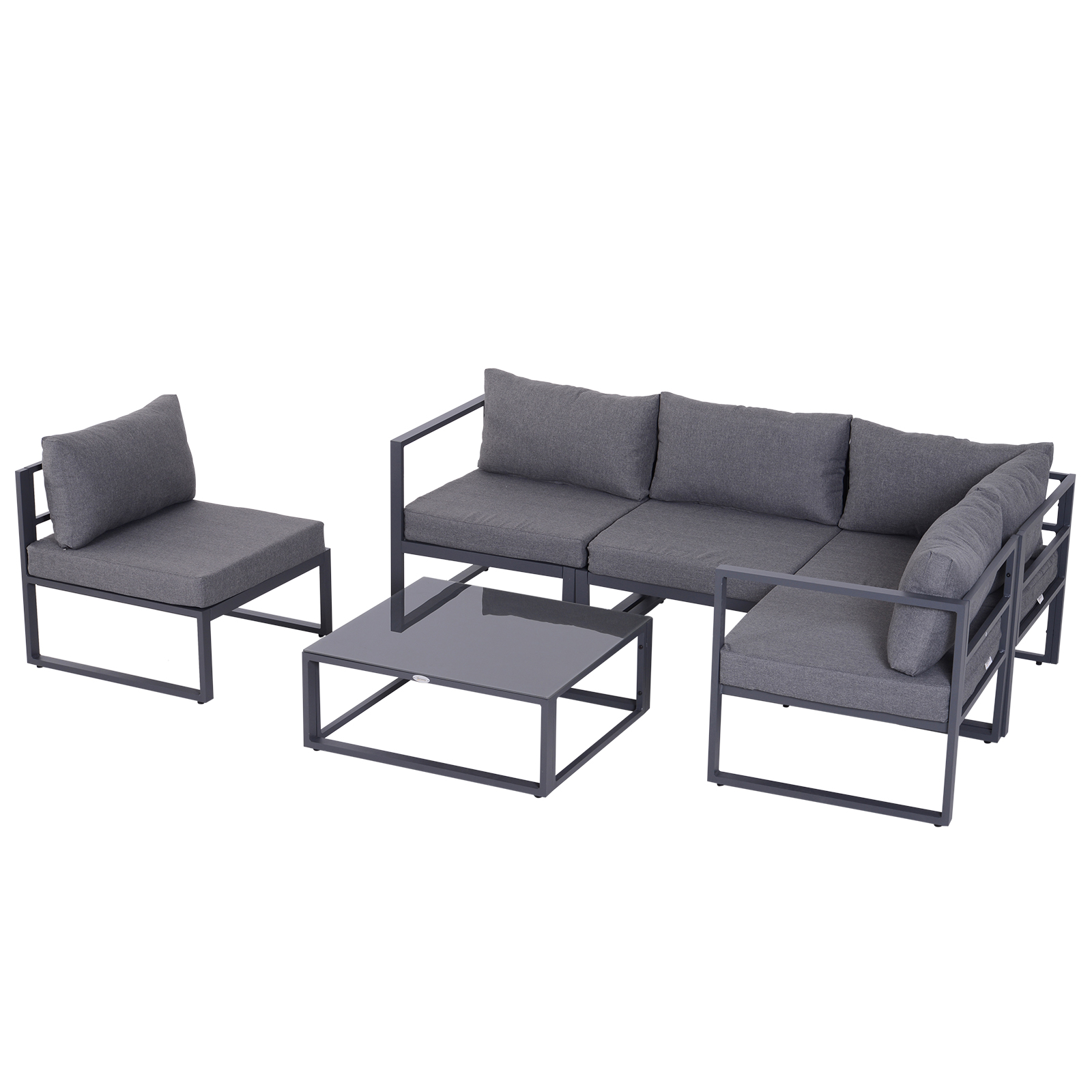 Outsunny 6 pz. Set da giardino Salotto da giardino Gruppo di sedute Mobili da giardino in alluminio + Poliestere + Vetro temperato Grigio 4 x Sedia 1 x Divano ad angolo 1 x Tavolino da caffè Cuscini per 4–5 persone