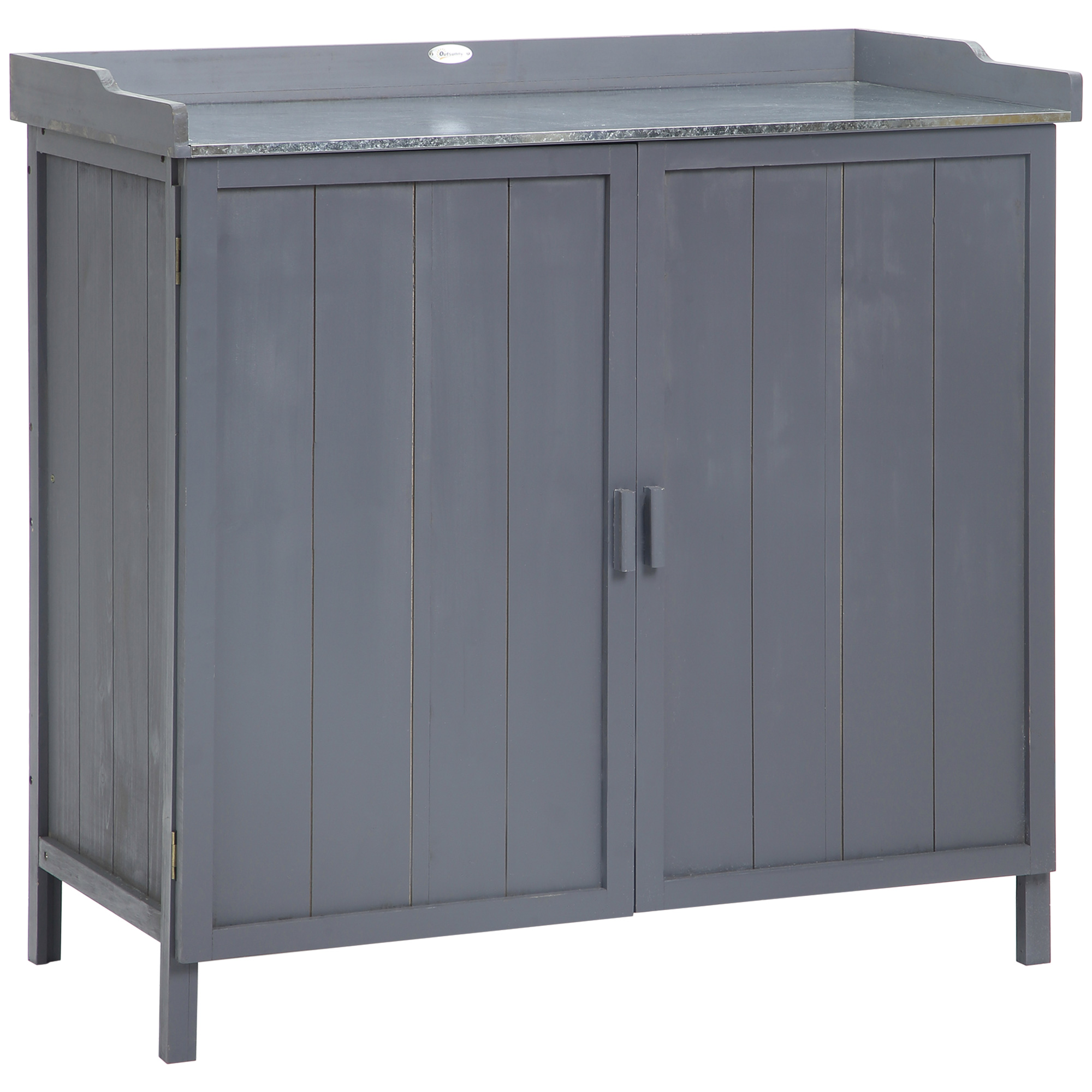 Outsunny Armadietto da Esterno in Legno con Piano in Metallo e 2 Ripiani Porta Attrezzi, 98x48x95.5 cm, Grigio Aosom
