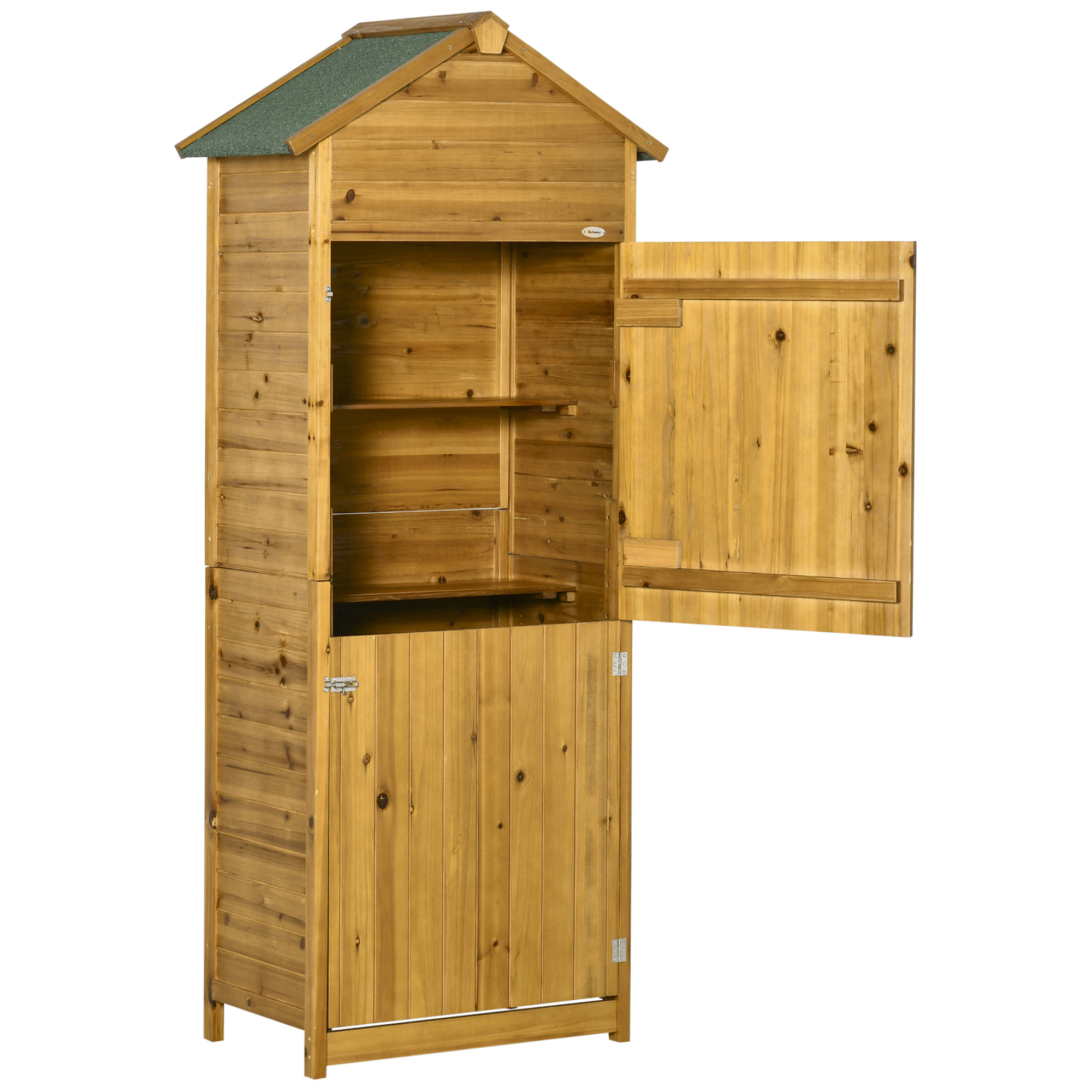 Outsunny Armadio attrezzi, capanno da giardino, 2 ripiani, 2 porte, impermeabile, legno naturale, 79 x 49 x 190cm Aosom Italy