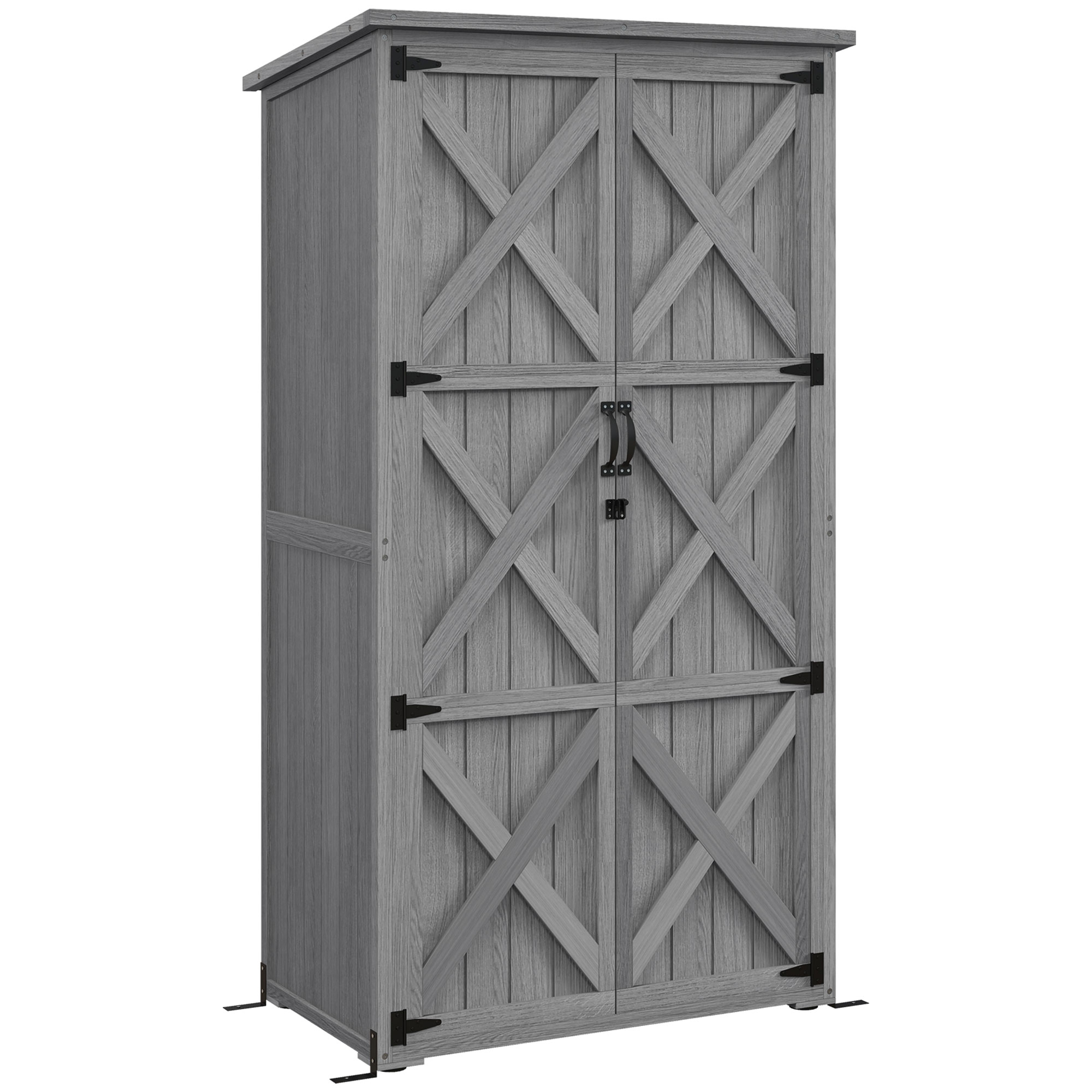 Outsunny Armadio da giardino, capanno da giardino su piedistallo, con 2 ripiani, tetto inclinato e bitumato, in legno massiccio, 90x54,5x168,5cm, grigio Aosom Italy