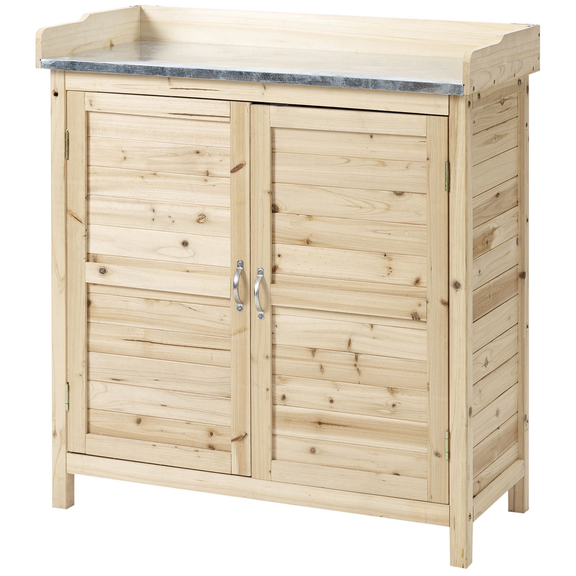Outsunny Armadio da giardino con 2 ripiani, piano di lavoro in metallo con bordo rialzato, legno naturale, 83 x 40 x 92 cm