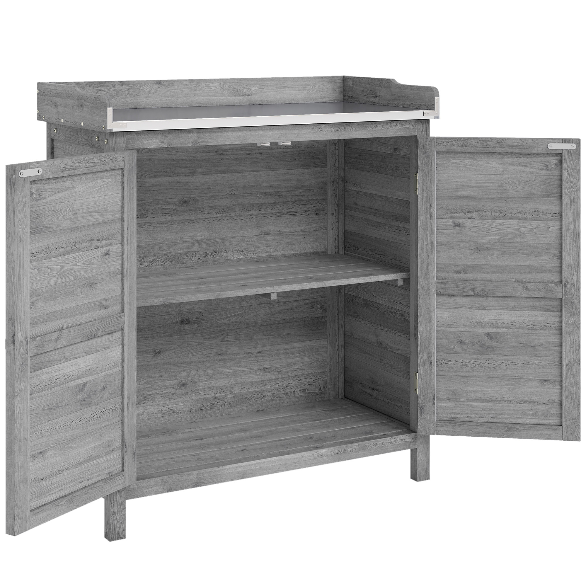 Outsunny Armadio da giardino con tavolo da piantare, capanno porta attrezzi in legno con piano lavoro zincato 2 ripiani Grigio Aosom Italy Outsunny Armadio da giardino con tavolo da piantare, capanno porta attrezzi in legno con piano lavoro zincato 2 ripiani Grigio Aosom Italy