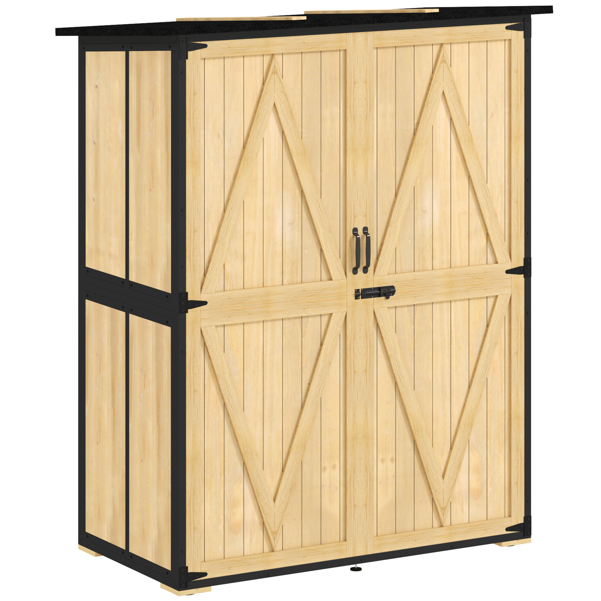 Outsunny Armadio da giardino in legno e acciaio, armadio per attrezzi outdoor con tetto in asfalto, 2 ripiani, porte richiudibili, legno naturale Aosom Italy