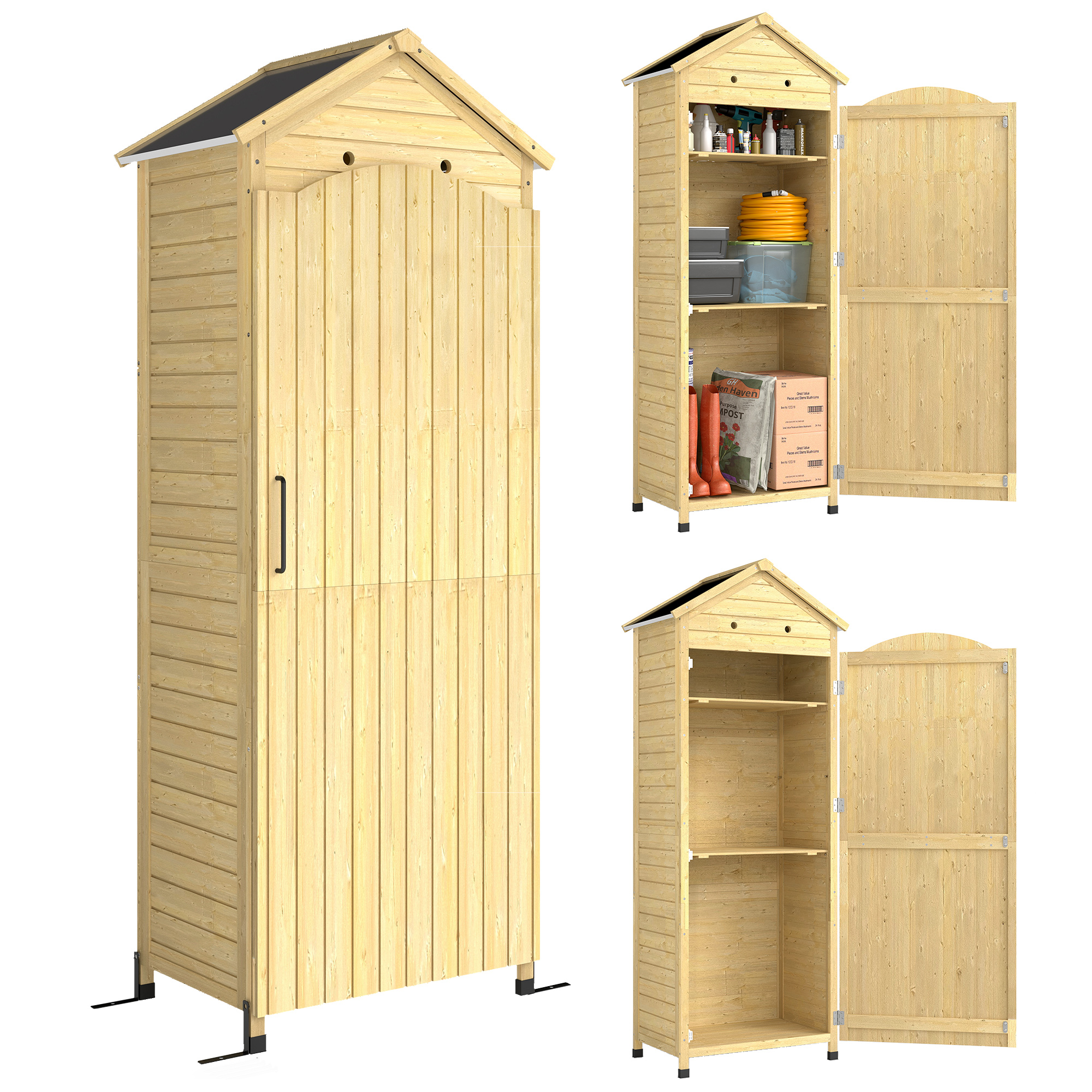 Outsunny Armadio da Giardino in Legno Tetto Acciaio Zincato Texture Goffrata Ripiani Regolabili 85x58x213cm Legno Naturale Aosom Italy
