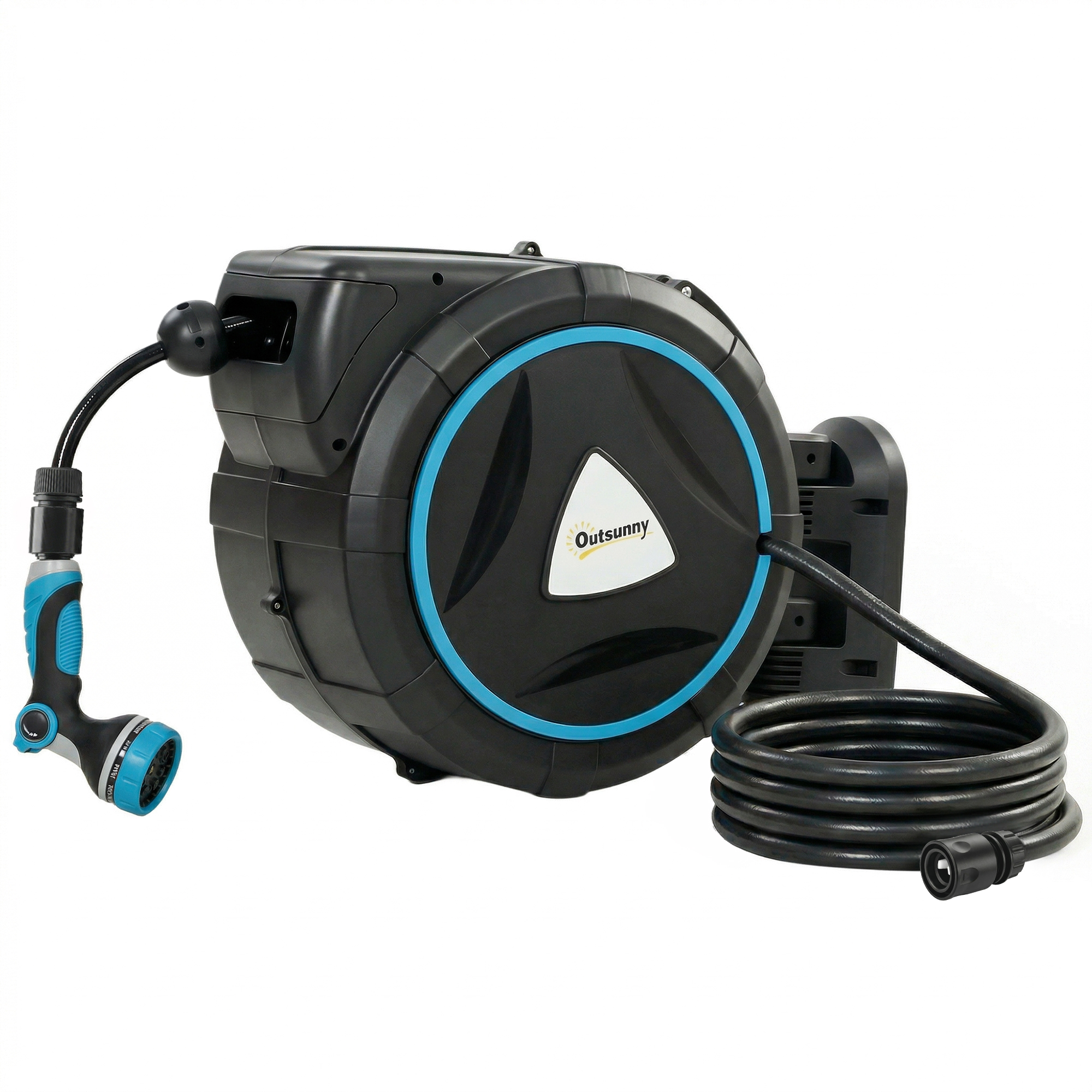 Outsunny Avvolgitubo Irrigazione da Parete Automatico 23+2 m, Avvolgitore Automatico Pistola Irrigazione, 10+2 Modalità, 55x31x50 cm, Blu Aosom Italy
