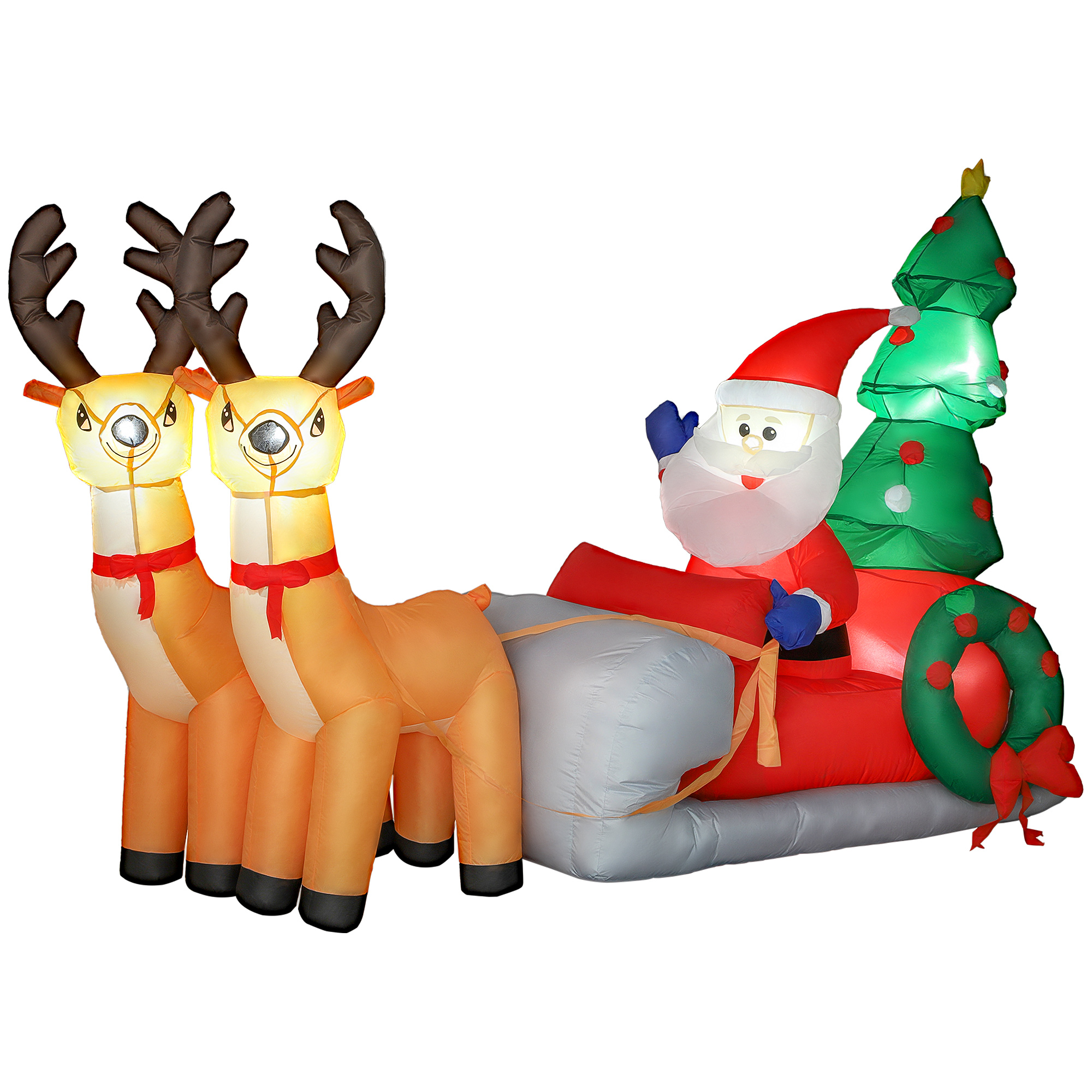 Outsunny Babbo Natale su slitta trainata da renne gonfiabile, in tessuto in poliestere, con luci LED, Multicolore Aosom Italy