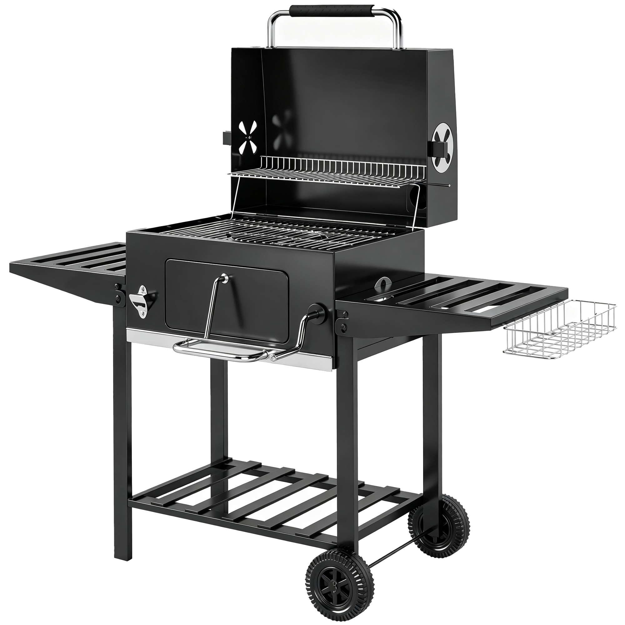 Outsunny Barbecue a Carbone a Rotelle con Griglia Regolabile e Ripiani Pieghevoli, in Acciaio e PP, 133.5x65x110 cm, Nero Aosom Italy