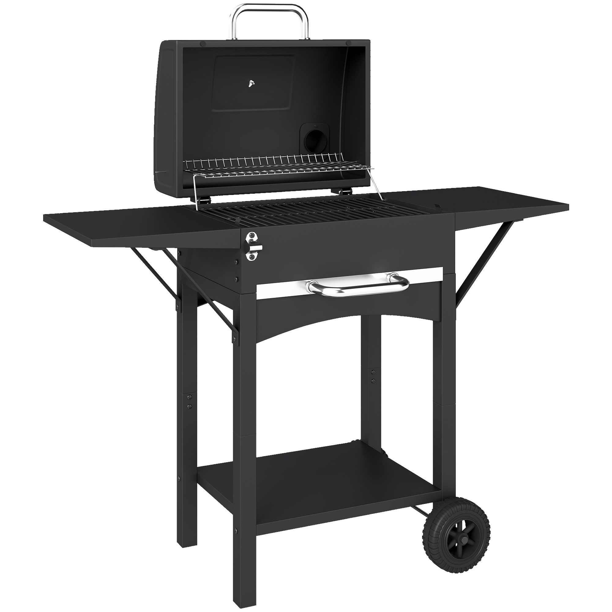 Outsunny Barbecue a Carbone con 2 Ripiani Laterali, Termometro, Coperchio e Ruote, 110x46.5x101 cm, Nero Aosom Italy Outsunny Barbecue a Carbone con 2 Ripiani Laterali, Termometro, Coperchio e Ruote, 110x46.5x101 cm, Nero Aosom Italy