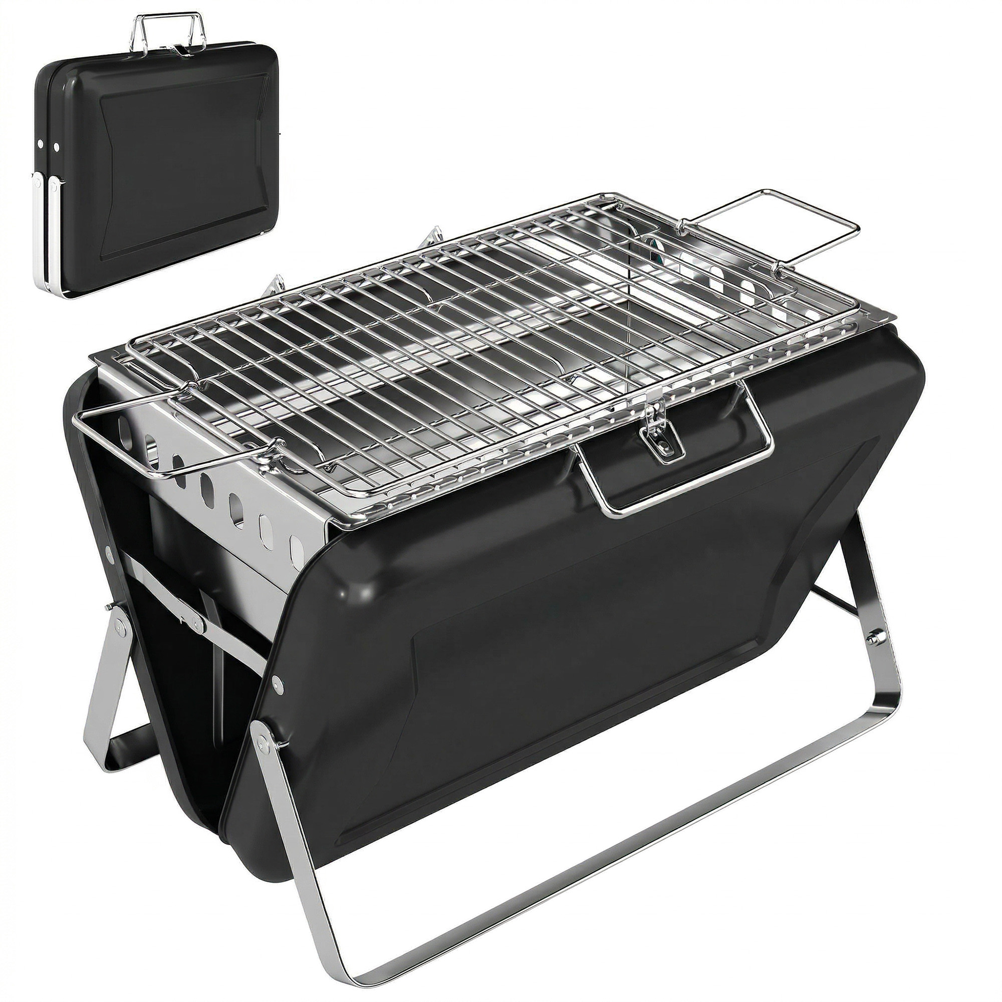 Outsunny Barbecue a carbone in acciaio inox BBQ Smoker con griglia, manico e gambe pieghevoli per barbecue e campeggio 40x28x25,5cm Nero Aosom Italy