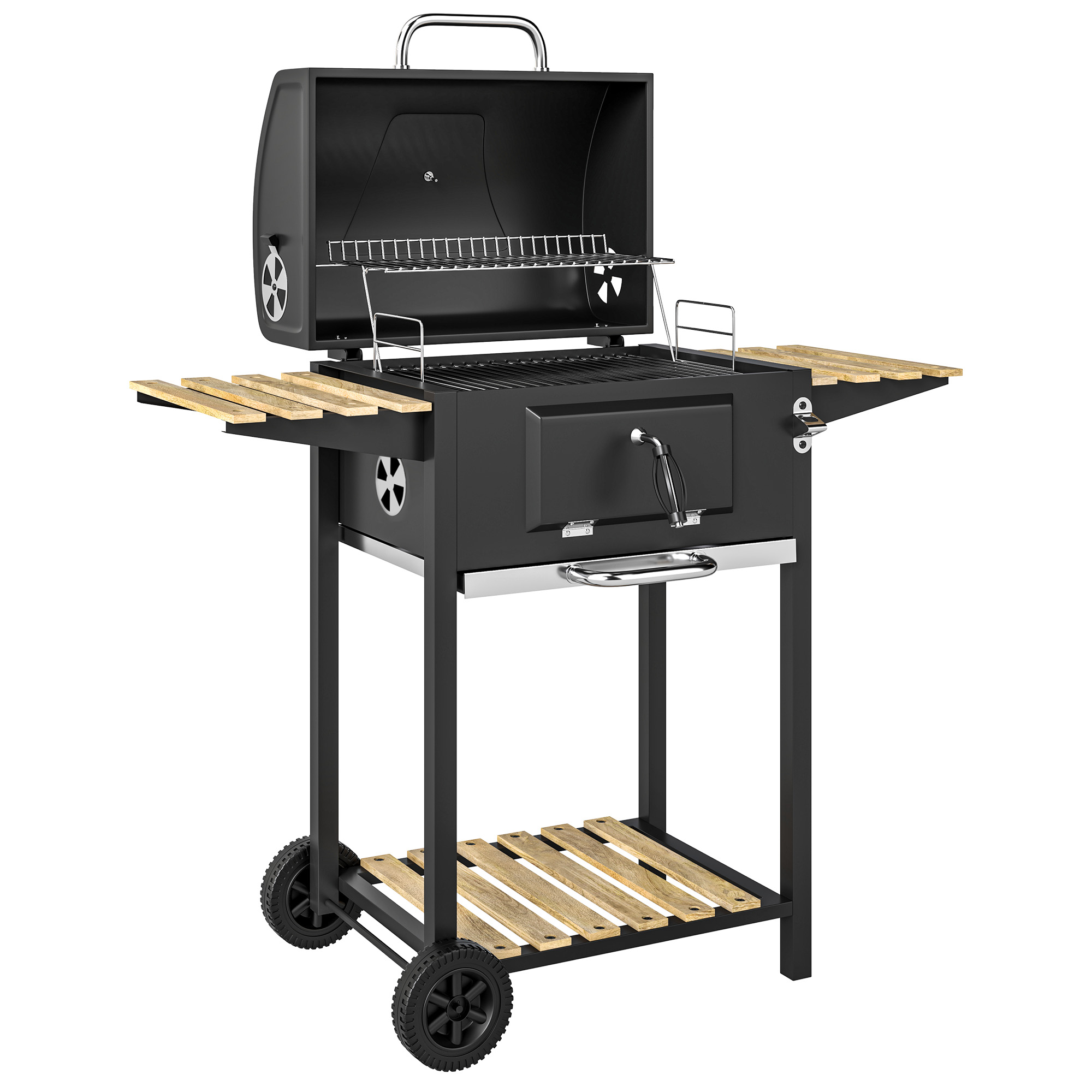 Outsunny Barbecue a carbone, vasca carbone regolabile in altezza, carrello, ripiani, termometro, apribottiglie, acciaio, legno, nero Aosom Italy