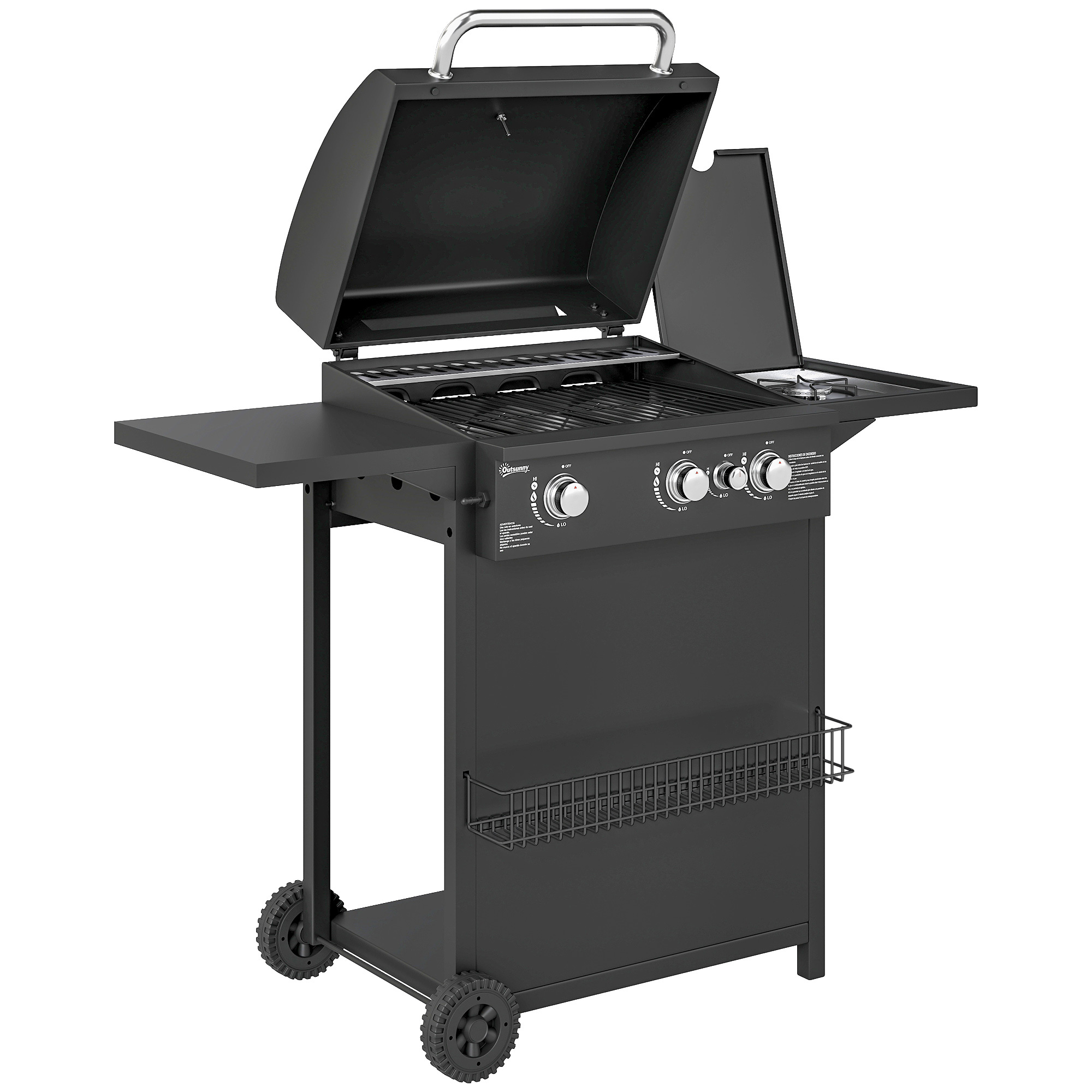 Outsunny Barbecue a Gas con Bruciatori Indipendenti, Coperchio con Termometro e Tavolino Laterale, Nero Outsunny Barbecue a Gas con Bruciatori Indipendenti, Coperchio con Termometro e Tavolino Laterale, Nero