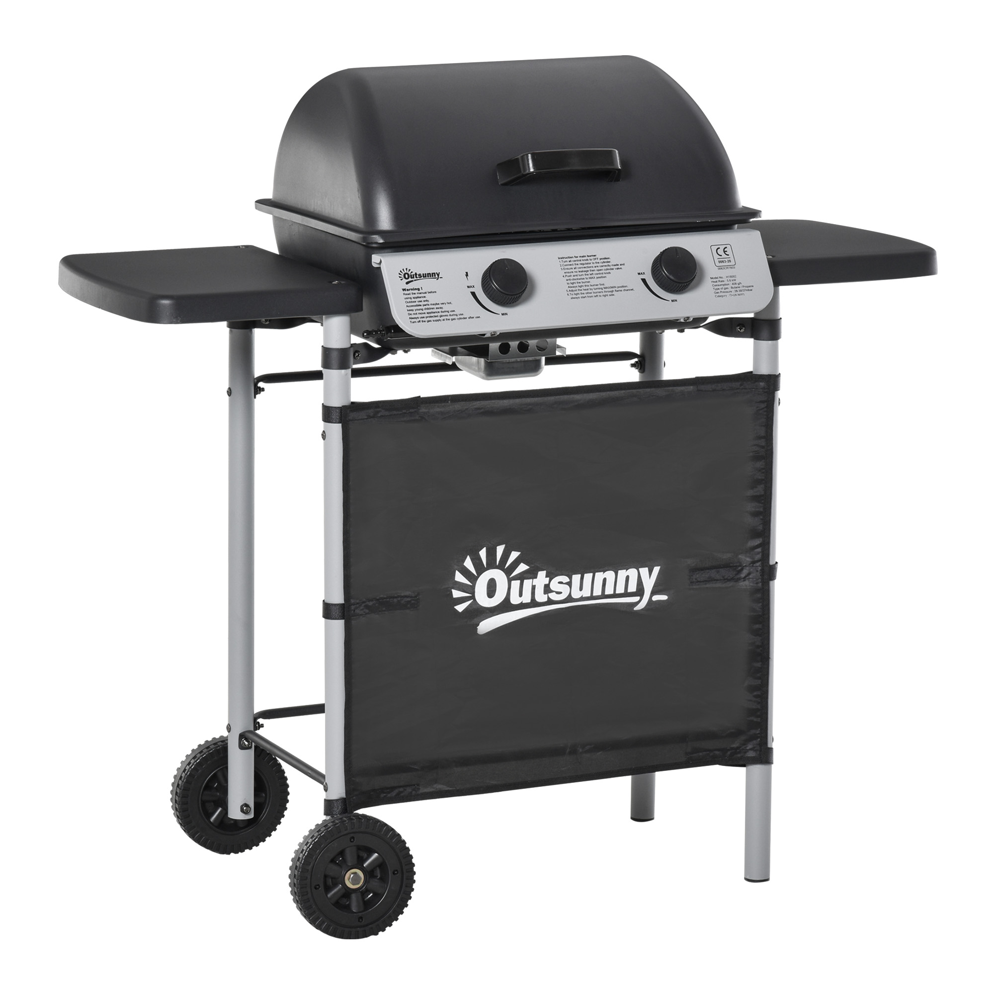 Outsunny Barbecue a Gas con Coperchio e 2 Bruciatori Totali da 5.6kW, BBQ in Acciaio con Ruote e Mensole, 104x49x99cm Nero Aosom