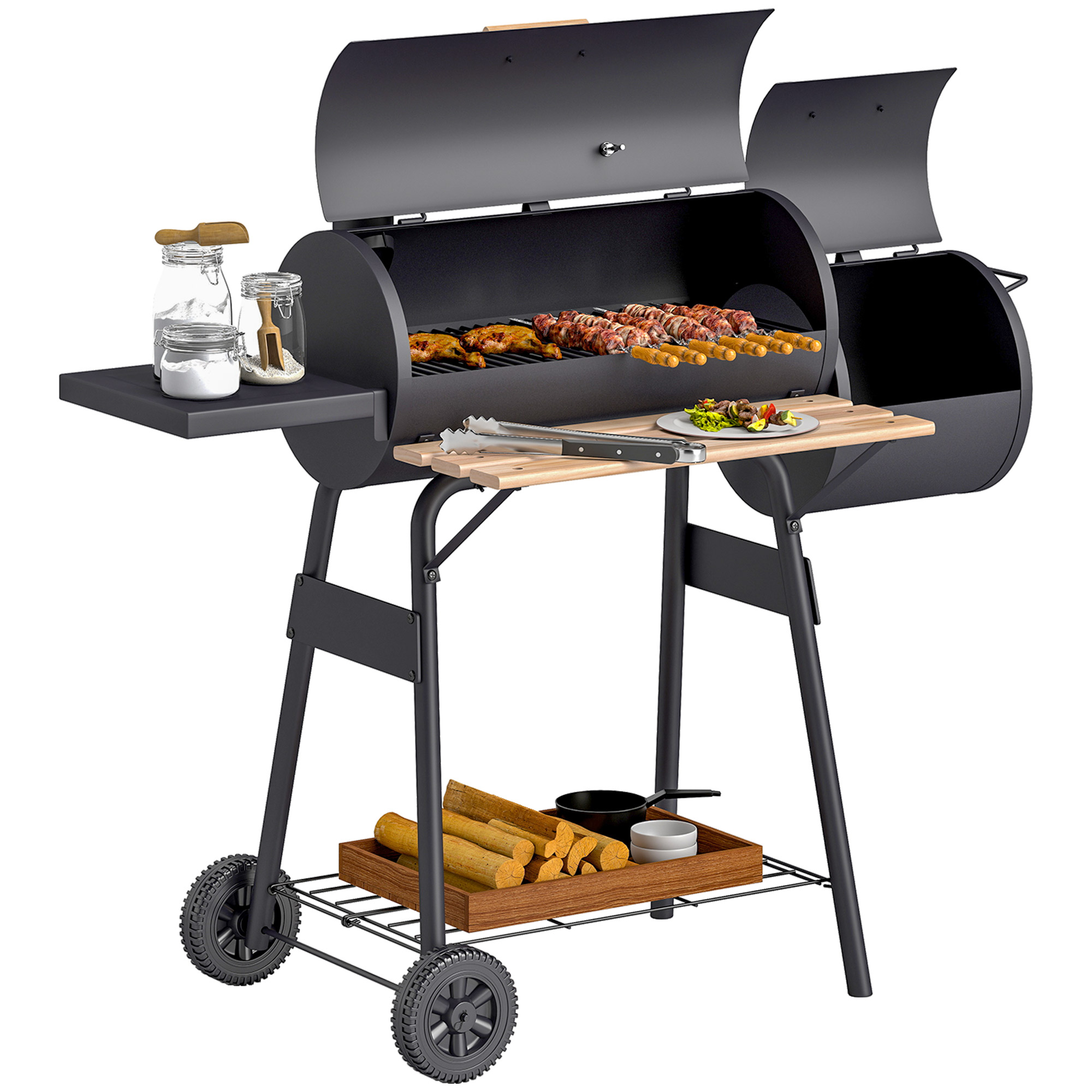 Outsunny Barbecue da Giardino con Coperchio, Ripiani e ruote, Termometro illuminato e manici in legno, 124x53x104cm, Nero Aosom Italy