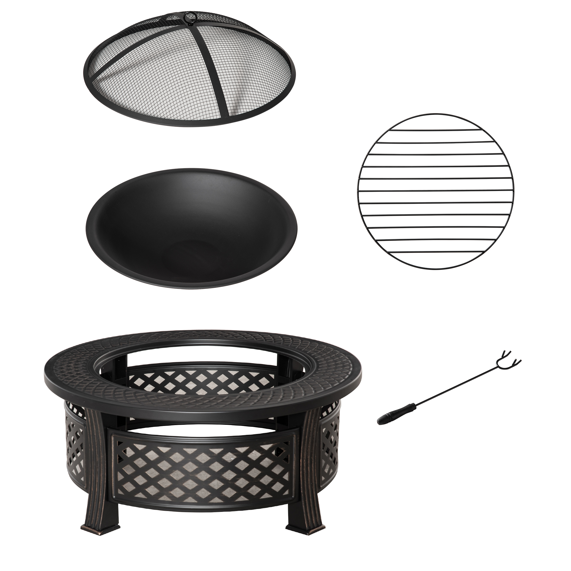 Outsunny Braciere con Attizzatoio Parascintille Cesto del Fuoco Tavolo da Fuoco rotondo Focolare per Giardino Campeggio BBQ Acciaio Nero 81 x 81 x 50 cm Aosom Italy