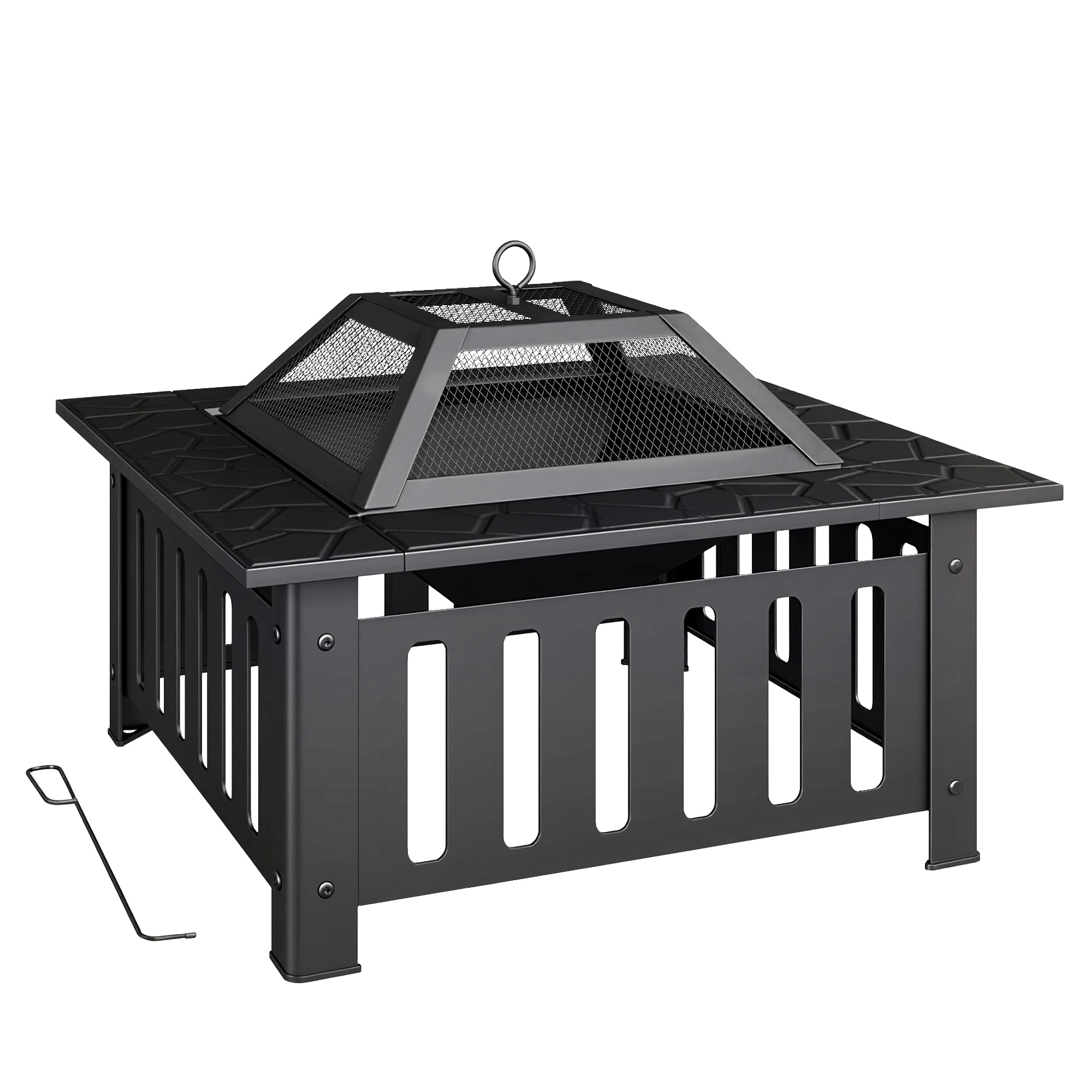 Outsunny Braciere da Esterno in Acciaio Quadrato 67x67x47 cm Braciere da Giardino con Attizzatoio Coperchio a Rete per Festa Nero Aosom Italy