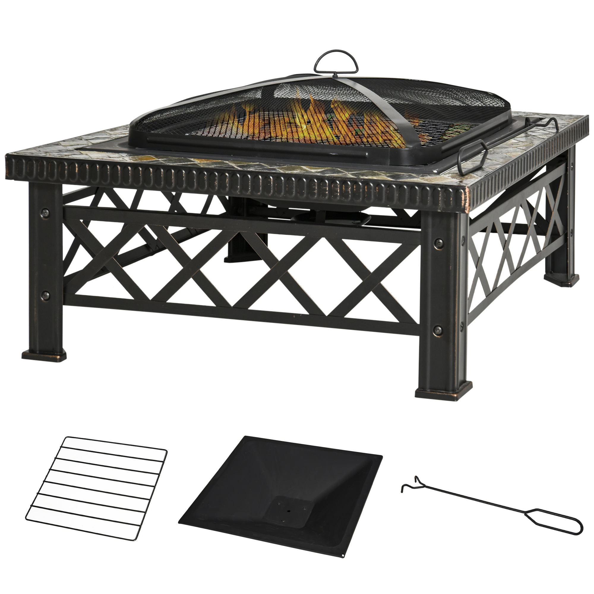 Outsunny Braciere Multiuso da Giardino con Coperchio Parascintille, attizzatoio e Griglia per Barbecue in Metallo, 76x76x47cm, Nero Aosom Italy