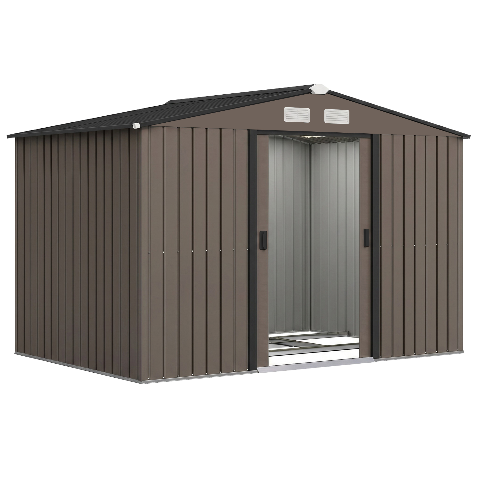 Outsunny Capanno Attrezzi da Giardino con 4 Prese d'Aria e 2 Porte Scorrevoli, Casetta in Acciaio, 277x195x192 cm, Marrone Aosom Italy