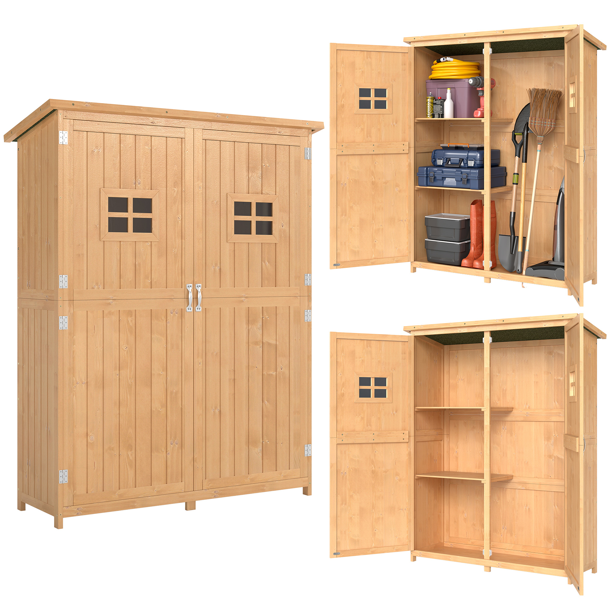 Outsunny Capanno Attrezzi Legno con Porta Doppia, Casetta da Giardino con Mensole e Finestre, 127.5x50x164 cm, Naturale Aosom Italy