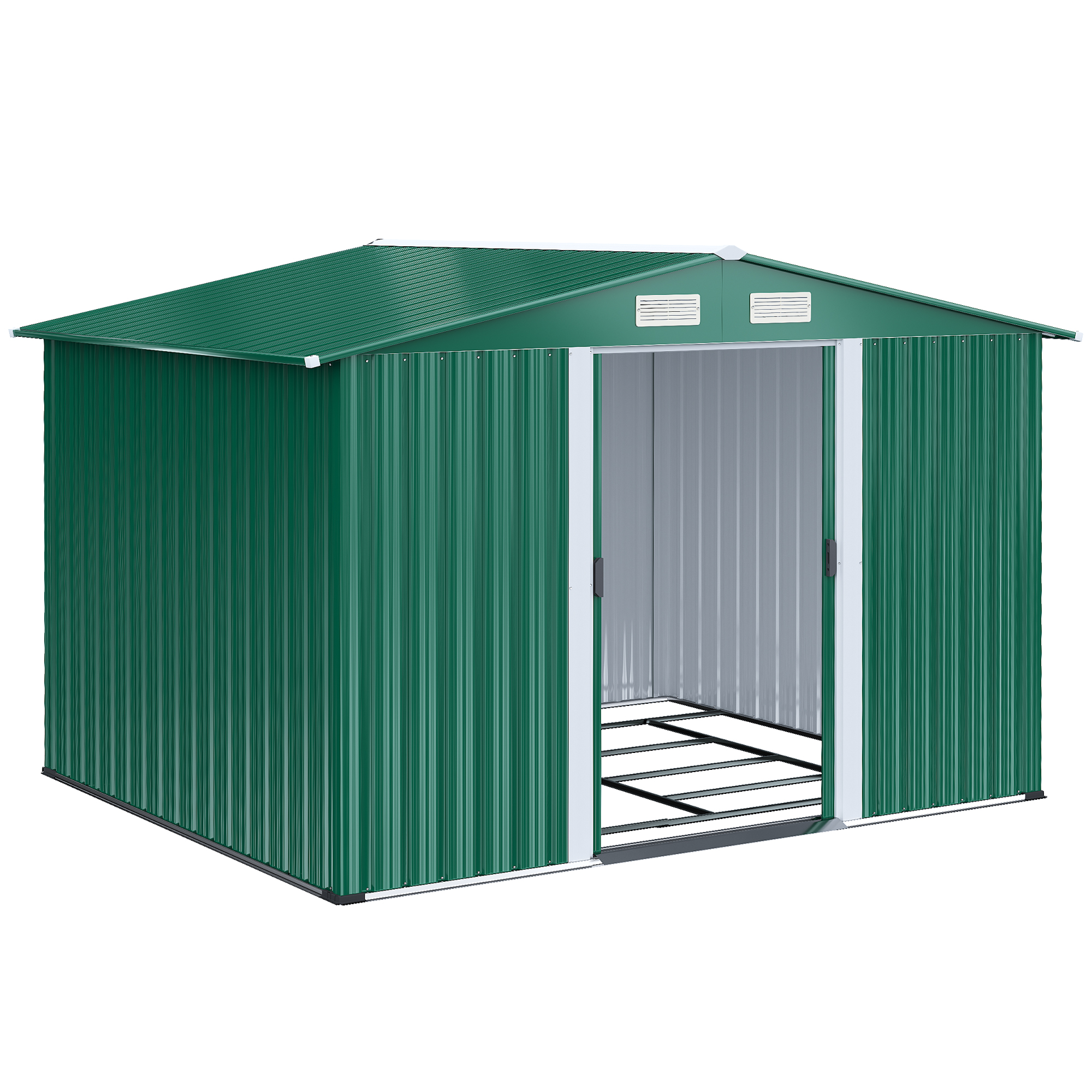 Outsunny Capanno da Giardino Con 2 prese d'aria e Porte Scorrevoli, Casetta porta attrezzi in Acciaio, 258x206x178cm, Verde Aosom Italy
