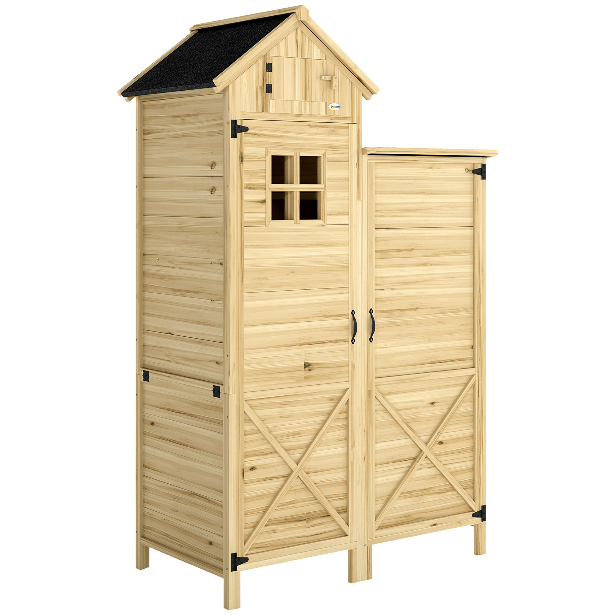 Outsunny Capanno per Attrezzi a 2 Zone con Ripiani Regolabili e Finestra, in Legno di Abete, 106x57x167 cm, Color Legno Aosom Italy Outsunny Capanno per Attrezzi a 2 Zone con Ripiani Regolabili e Finestra, in Legno di Abete, 106x57x167 cm, Color Legno Aosom Italy
