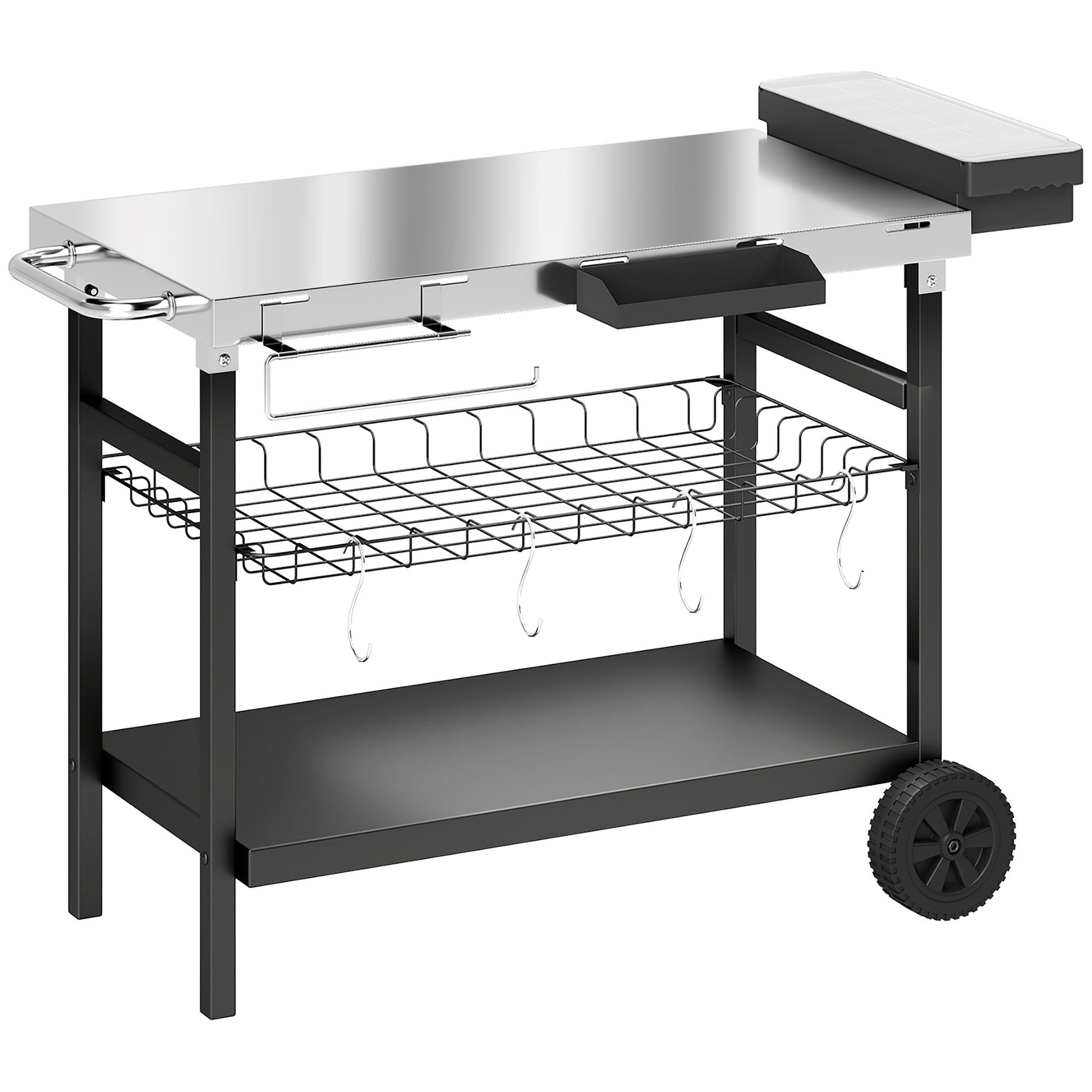 Outsunny Carrello Barbecue da Esterno con Piano in Acciaio Inossidabile, Porta Spezie, Ganci e Maniglia Laterale, Nero Aosom Italy