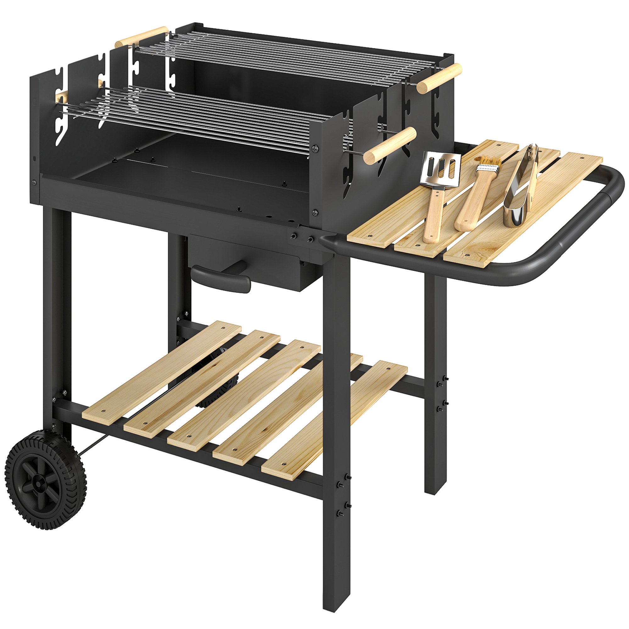 Outsunny Carrello barbecue in legno con 2 griglie regolabili, barbecue a carbone su ruote, ripiano laterale, nero Aosom Italy