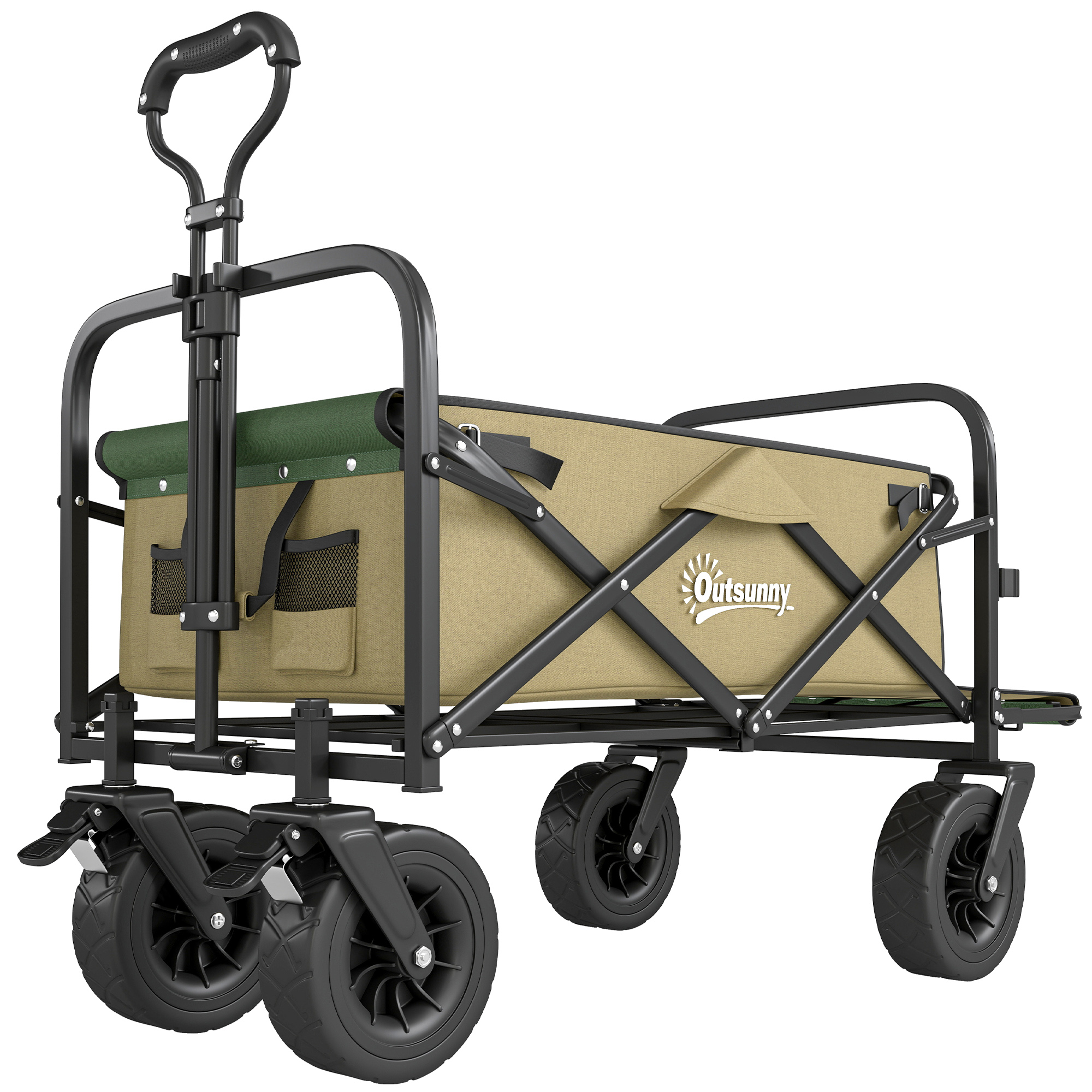 Outsunny Carrello da Giardino 110L con Maniglia Telescopica e Fondo Apribile in Acciaio e Tessuto Oxford, Cachi Aosom Outsunny Carrello da Giardino 110L con Maniglia Telescopica e Fondo Apribile in Acciaio e Tessuto Oxford, Cachi Aosom