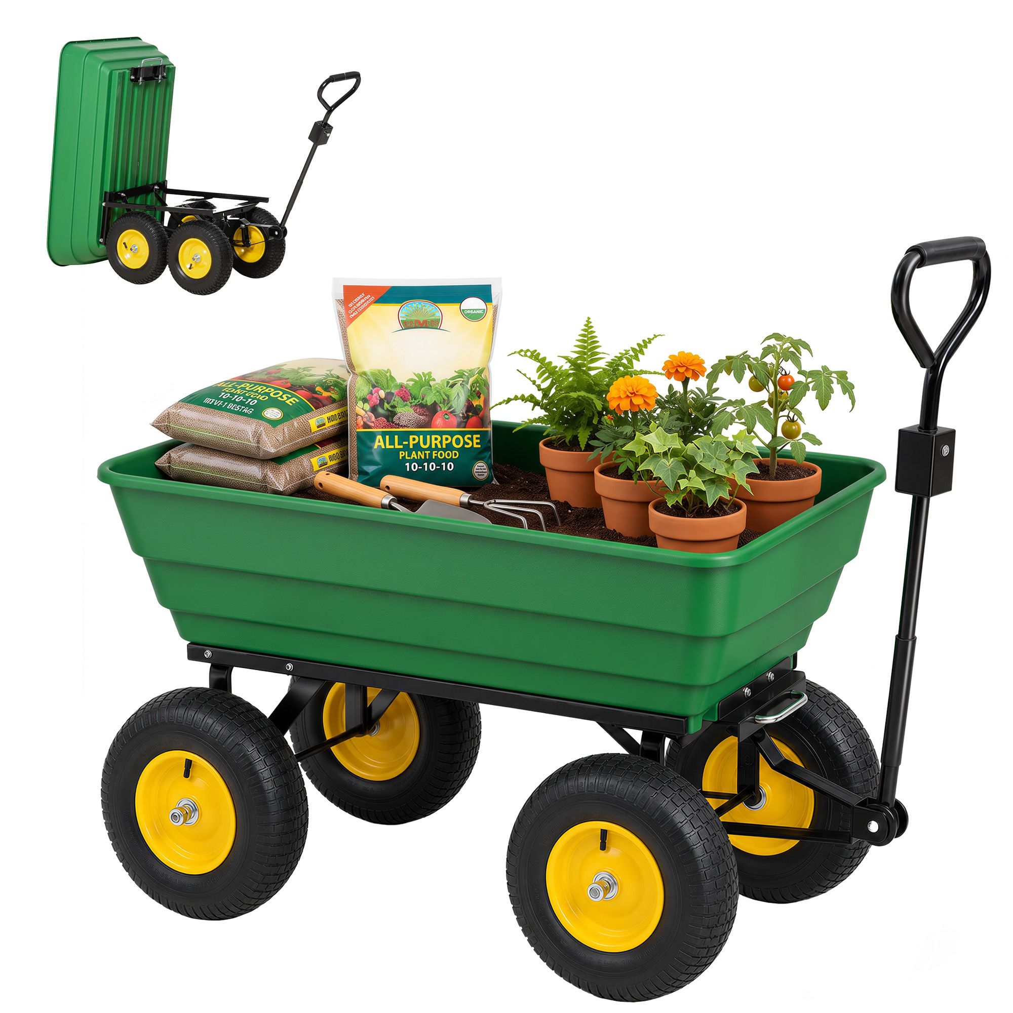 Outsunny Carrello da Giardino 125L in Acciaio e PP con Vasca ribaltabile e Maniglia, 118x58x102 cm, Verde Aosom Outsunny Carrello da Giardino 125L in Acciaio e PP con Vasca ribaltabile e Maniglia, 118x58x102 cm, Verde Aosom