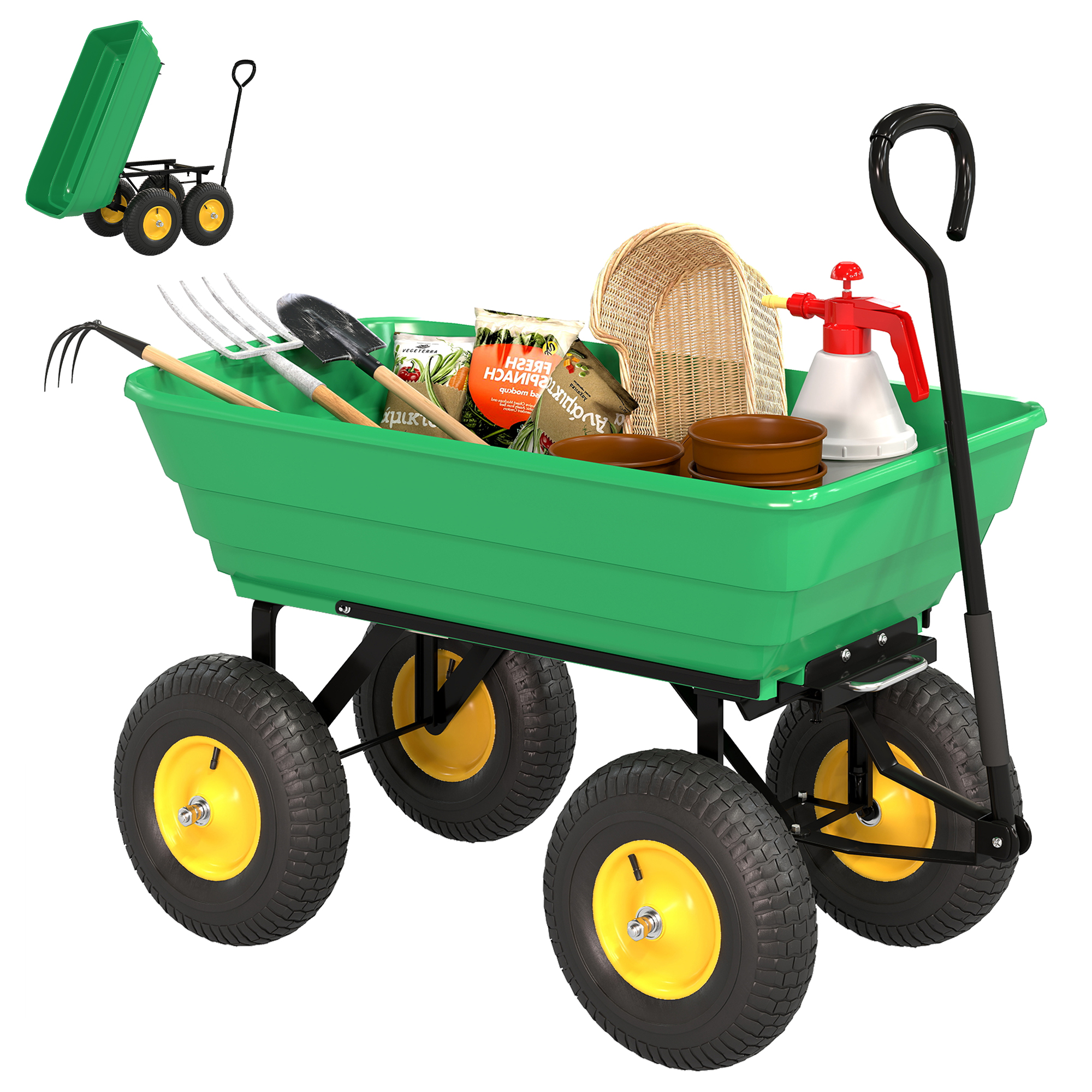 Outsunny Carrello da Giardino 75L in Acciaio e PP con Vasca ribaltabile e Maniglia, 109x52x94 cm, Verde Aosom