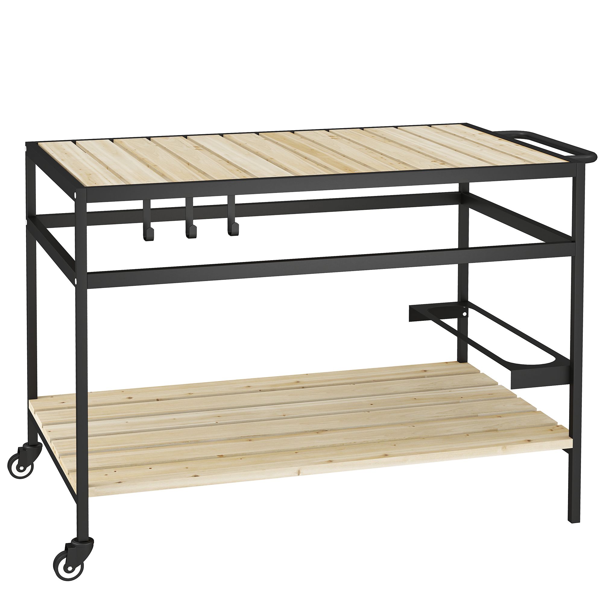 Outsunny Carrello da Giardino con Ruote in Legno di Abete, Carrello di Servizio con Ripiano a Doghe, 2 Ripiani, 3 Ganci e Maniglia, per Giardino Terrazza Patio 107x65x80 cm, Color Legno Aosom Italy