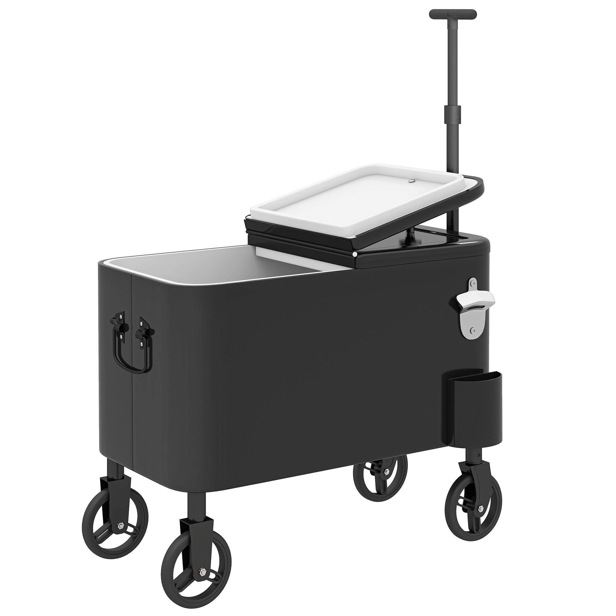 Outsunny Carrello Frigo 56L con Ruote Manico Regolabile Apribottiglie Raccoglitappi Scarico e Maniglia 75x35x120 cm Nero Aosom Italy